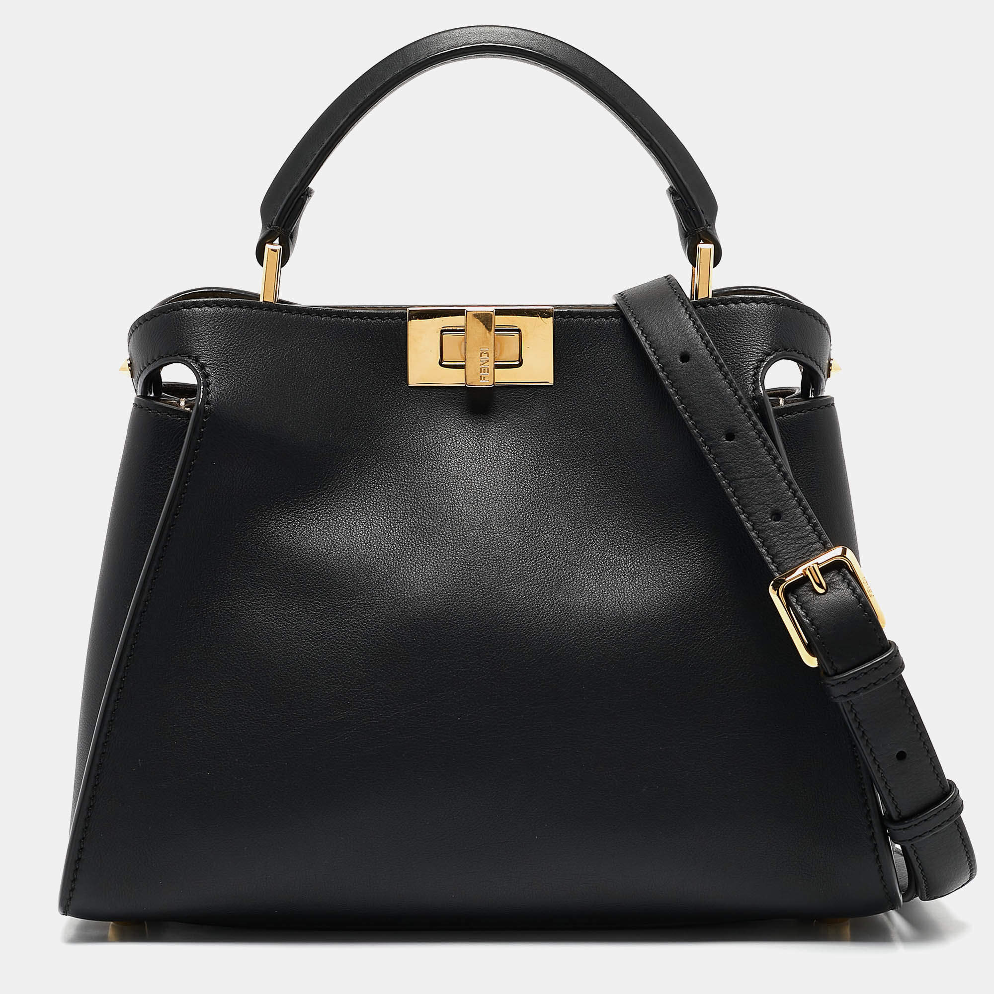 Pre Owned Fendi Black Leather Peekaboo Iconic Essentially Top Handle Bag