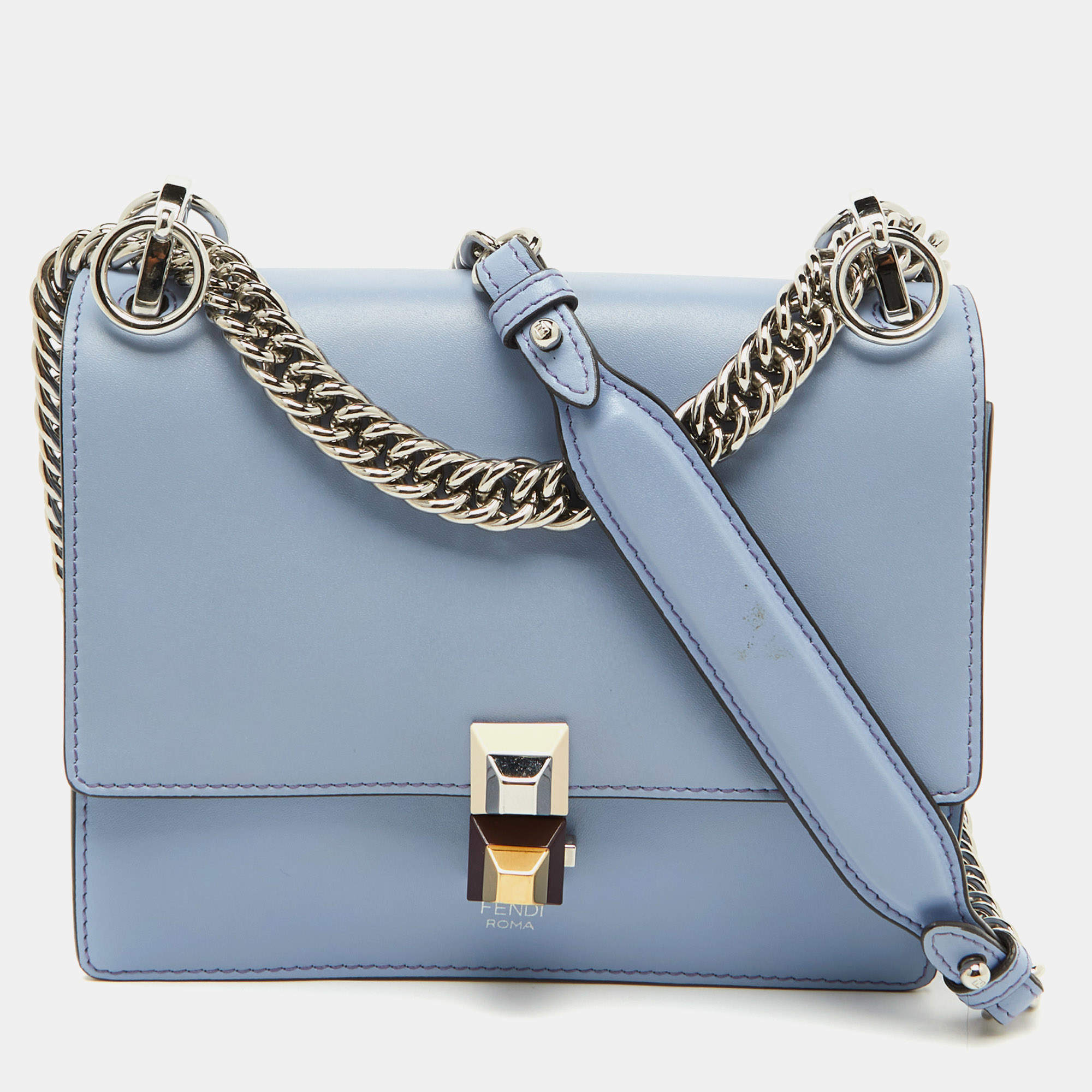 Fendi Light Blue Leather Small Kan I Flap Shoulder Bag