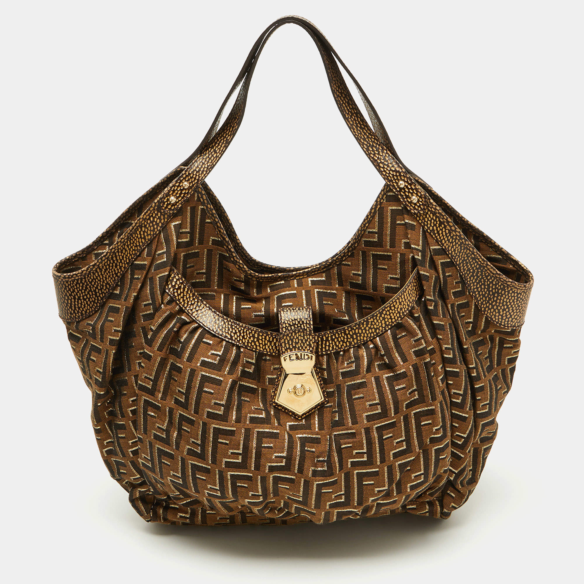 Pre Owned Fendi Tobacco Zucca Canvas and Textured Leather Chef Tote