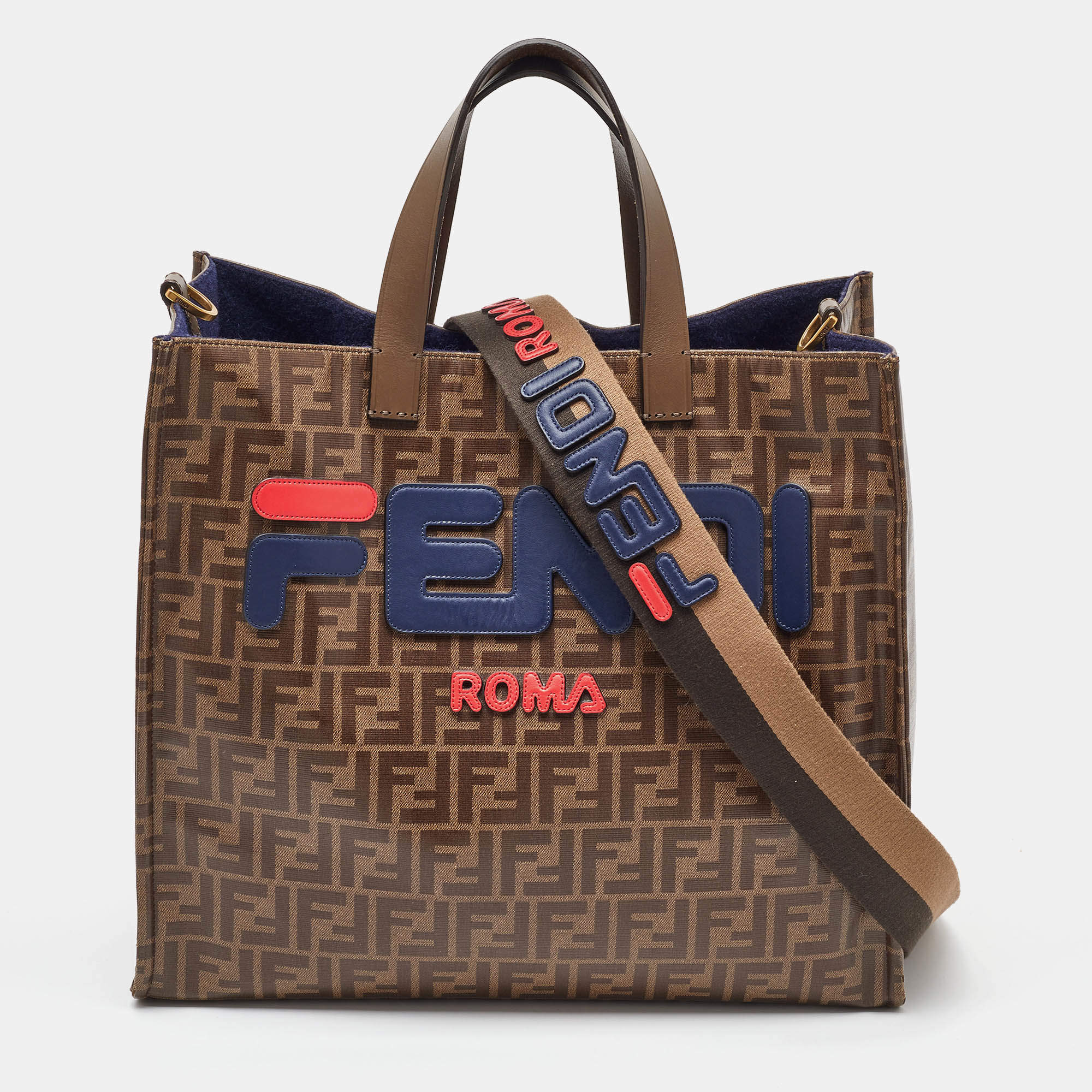 Pre Owned Fendi x Fila Brown Zucca Coated Fabric Large FF 1974 Mania Shopping Tote