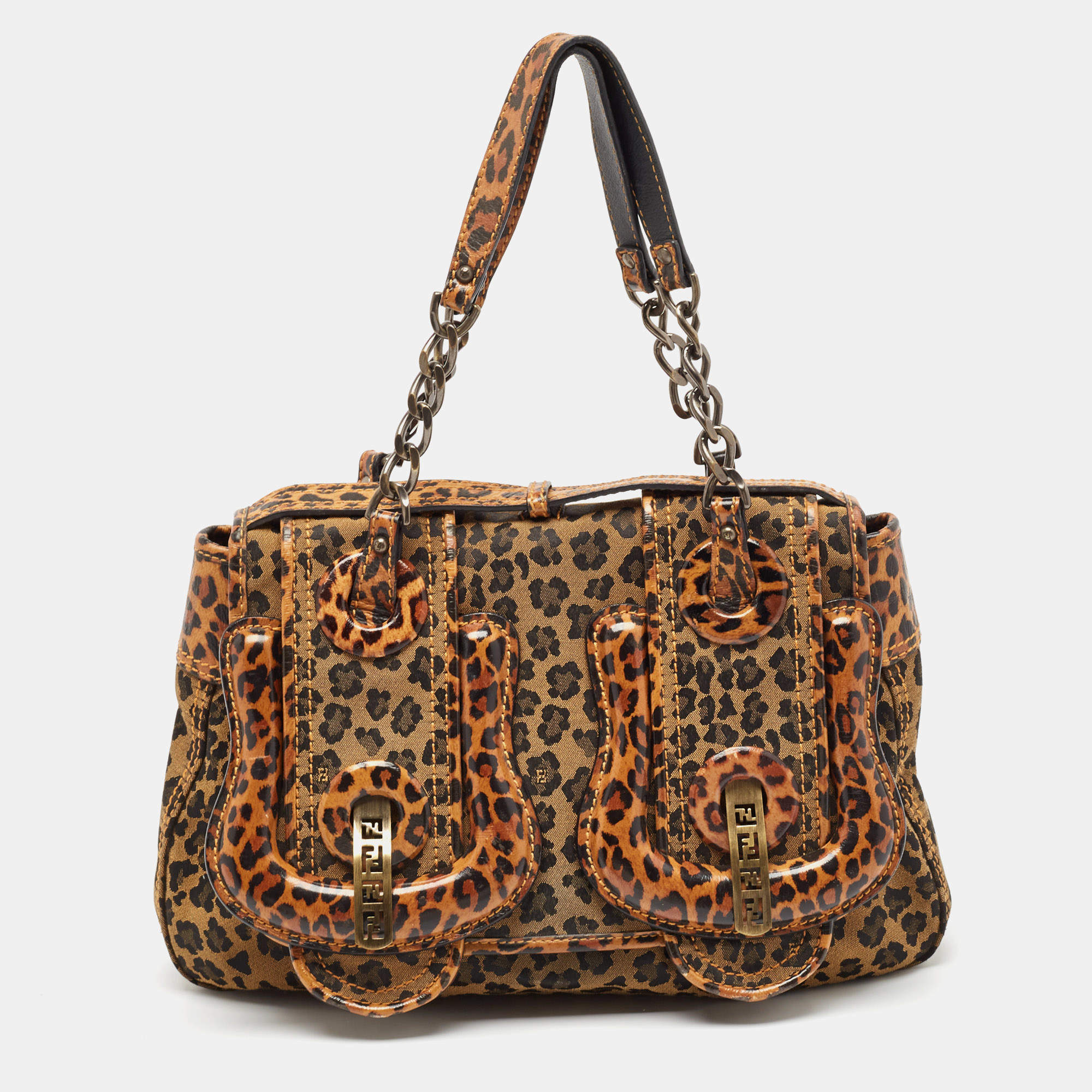Pre Owned Fendi Brown Leopard Print Fabric and Patent Leather Trim B Bag
