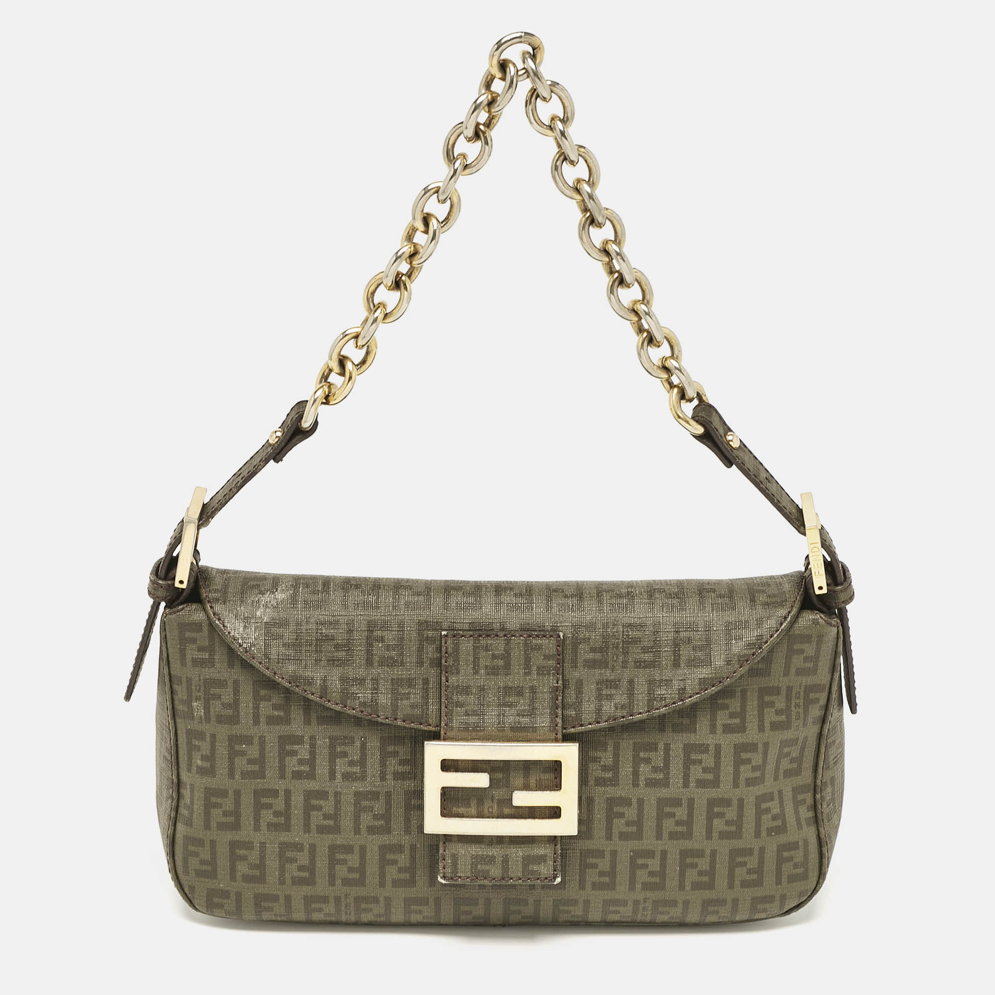 مملوكة مسبقًا Fendi Green Zucchino Coated Canvas Forever Baguette Bag