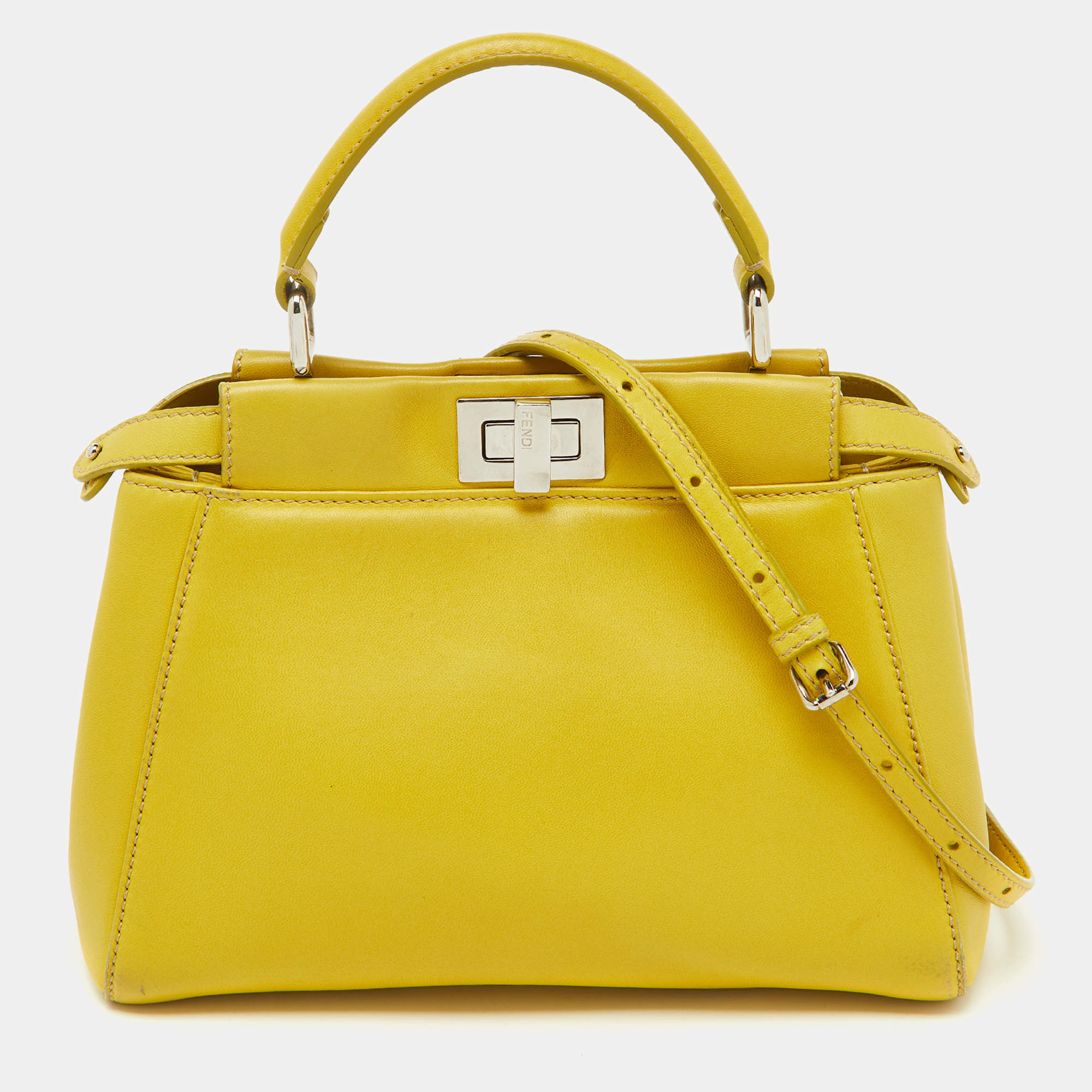 Pre Owned Fendi Yellow Leather Mini Peekaboo Top Handle Bag