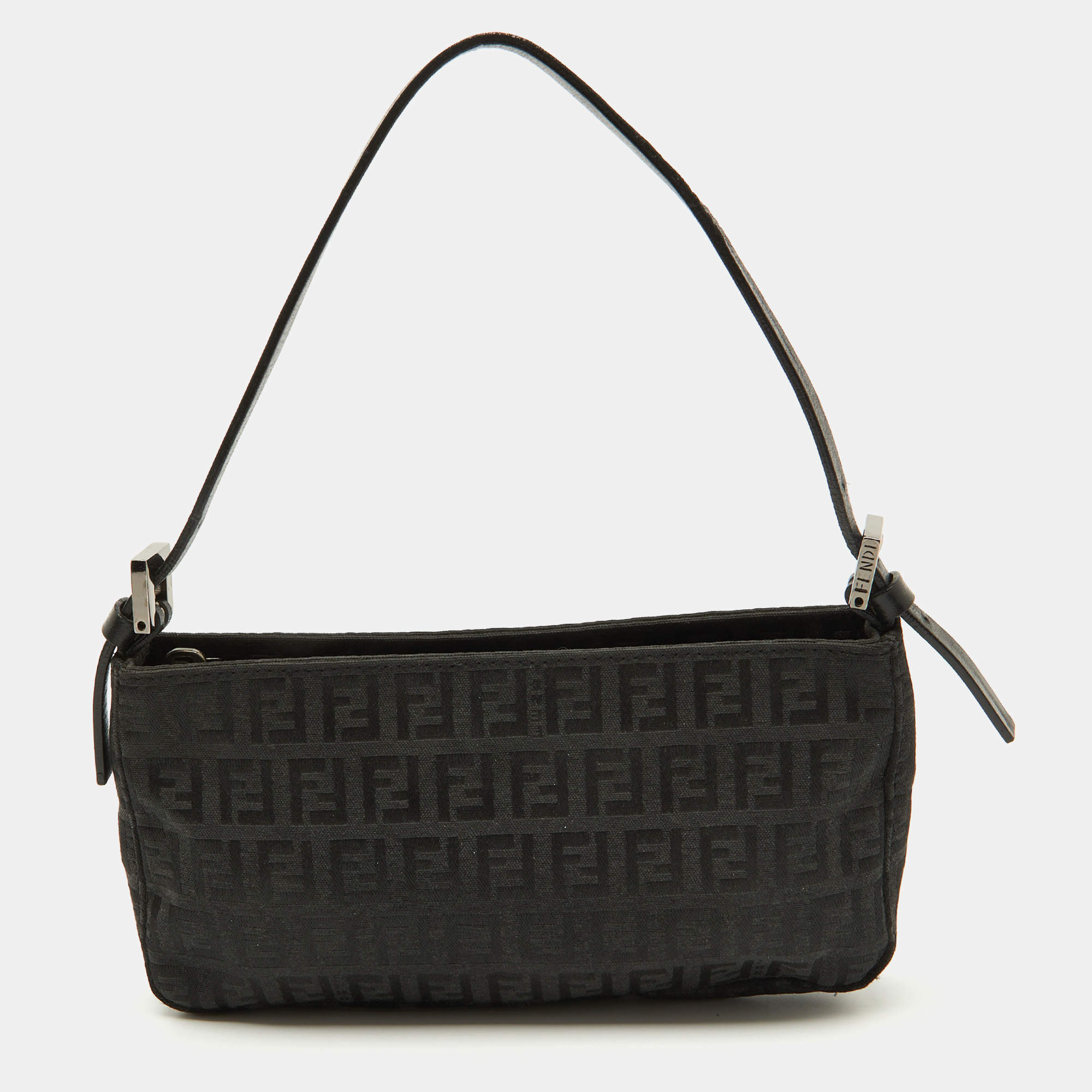 Pre Owned Fendi Black Zucchino Canvas and Leather Mini Pochette Bag