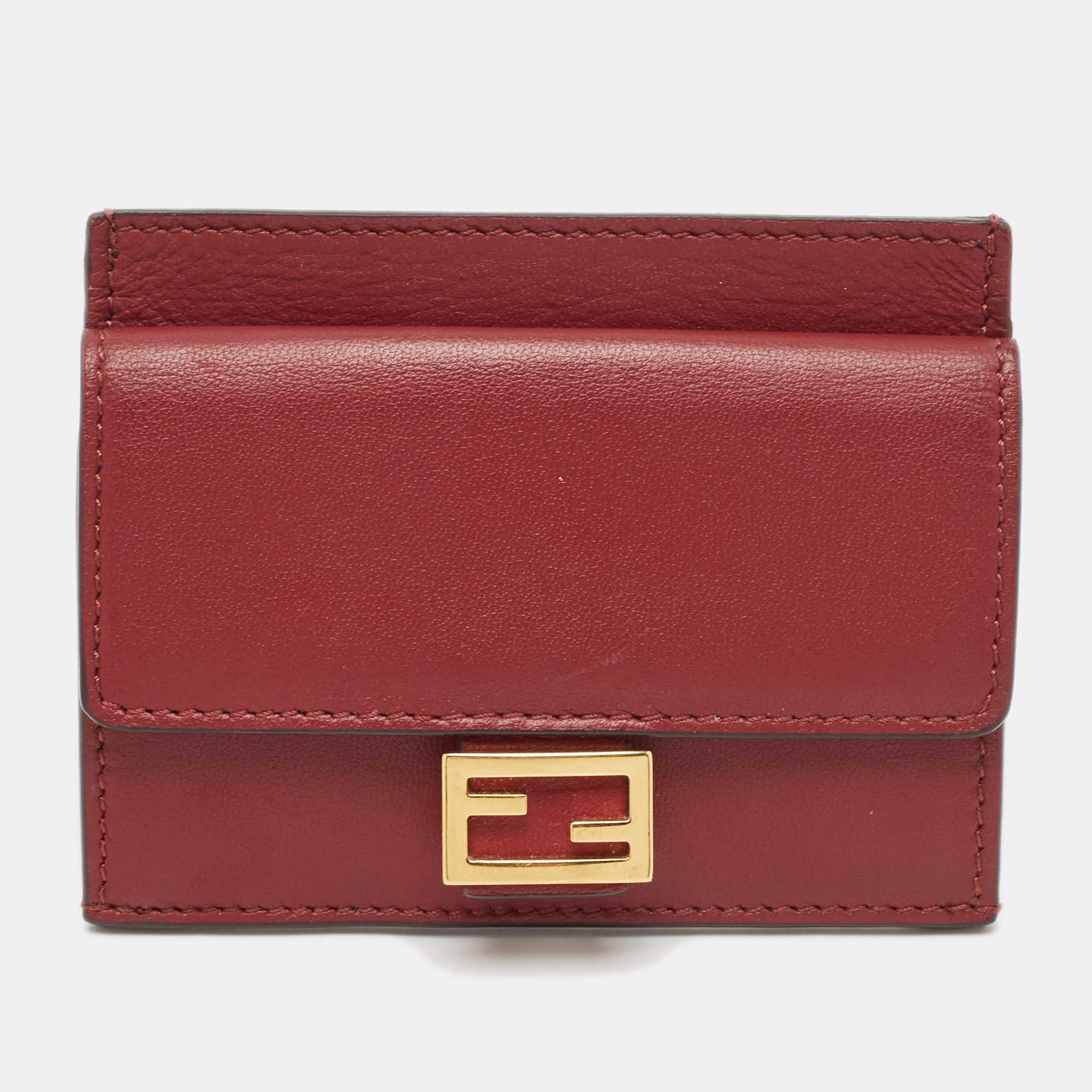 Pre Owned Fendi Burgundy Zucca Embossed Leather Baguette Card Holder