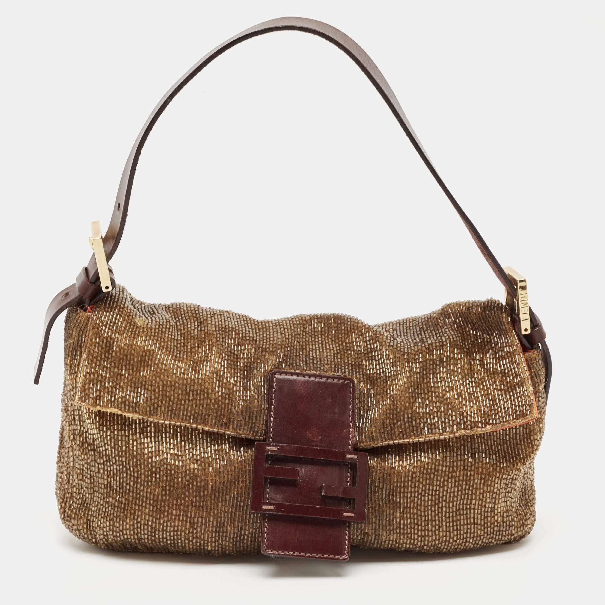 Pre Owned Fendi Gold/Brown Beaded and Leather Baguette Flap Bag