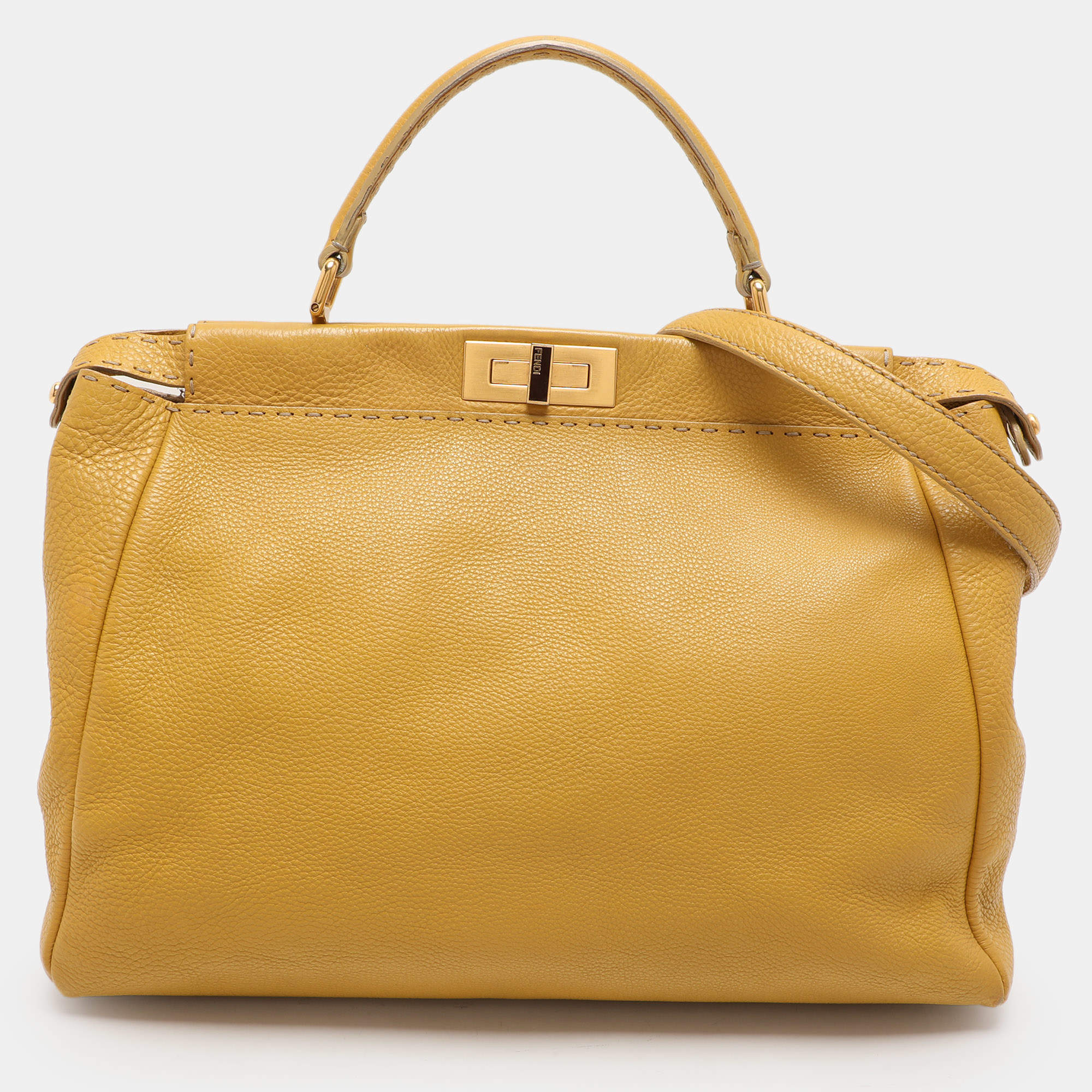 Fendi Yellow Selleria Leather Large Peekaboo Top Handle Bag