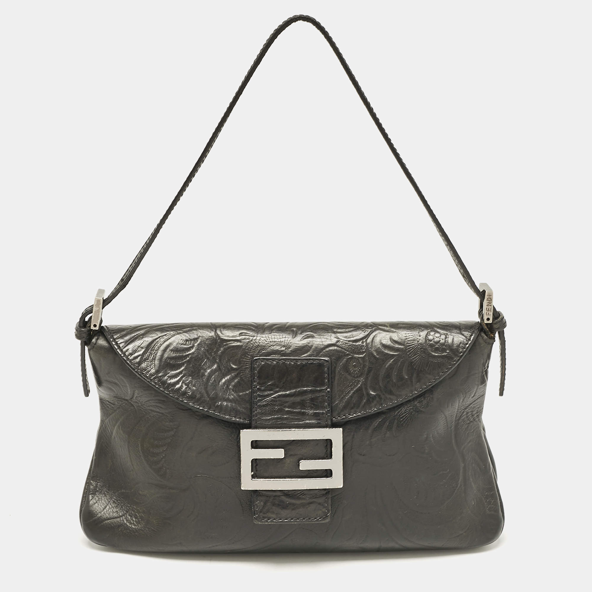 Fendi Black Embossed Leather Double Baguette Bag