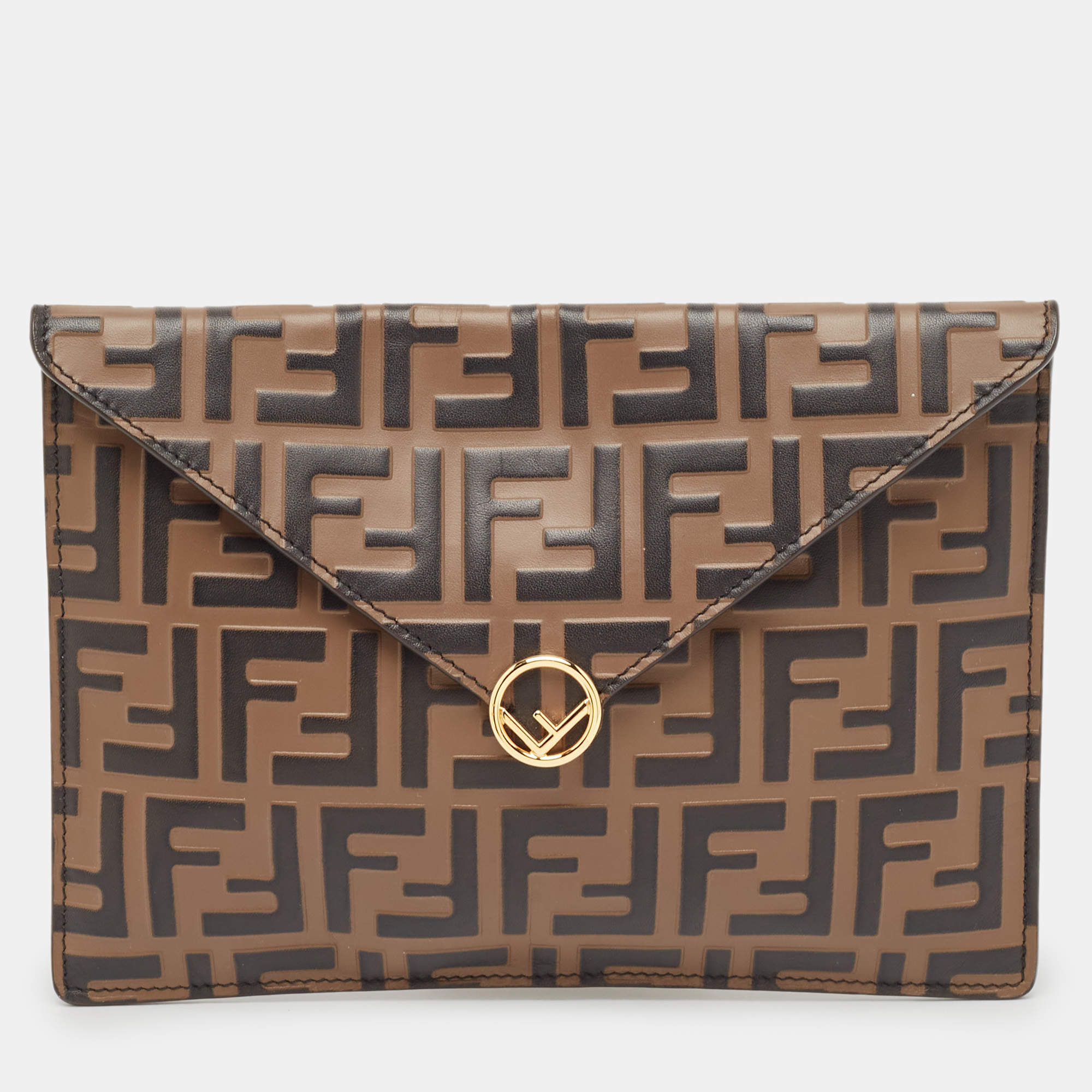 Fendi Brown FF Leather Envelope Flat Pouch