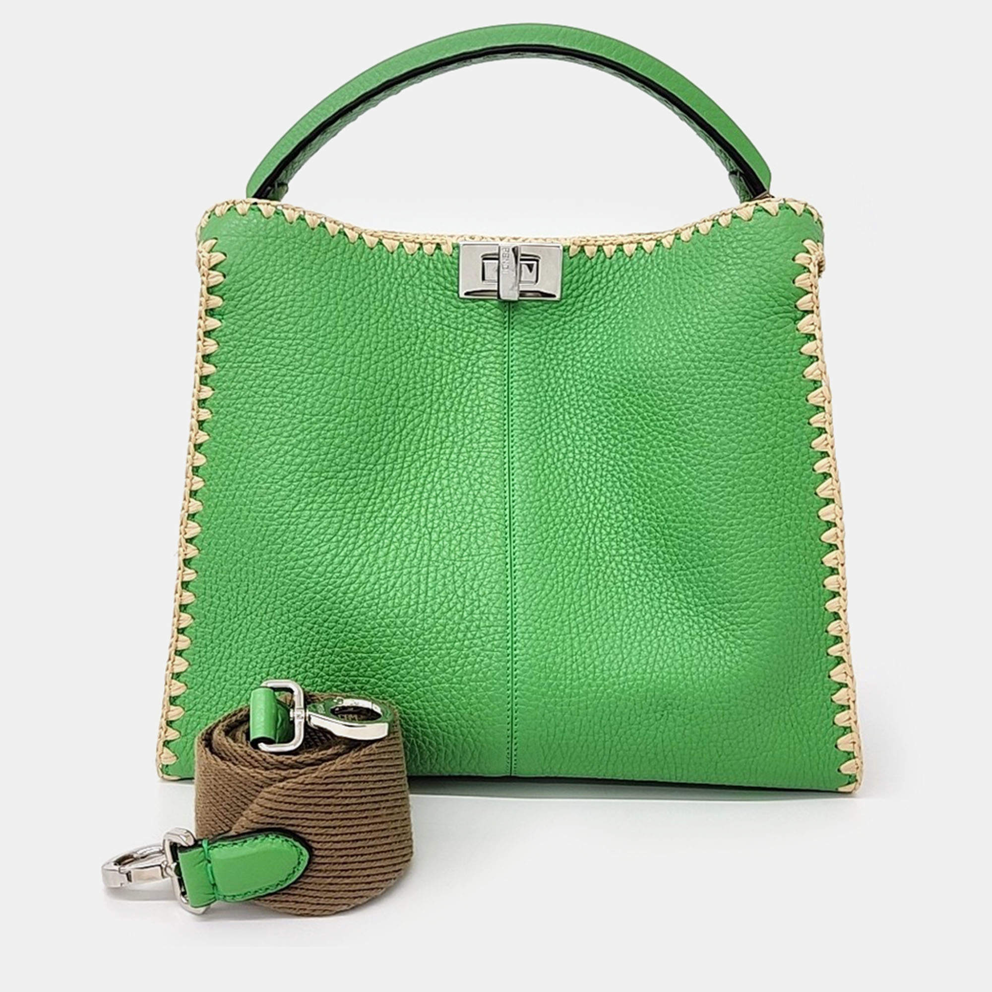 Pre Owned Fendi Green Leather Selleria Tote And Shoulder Bag