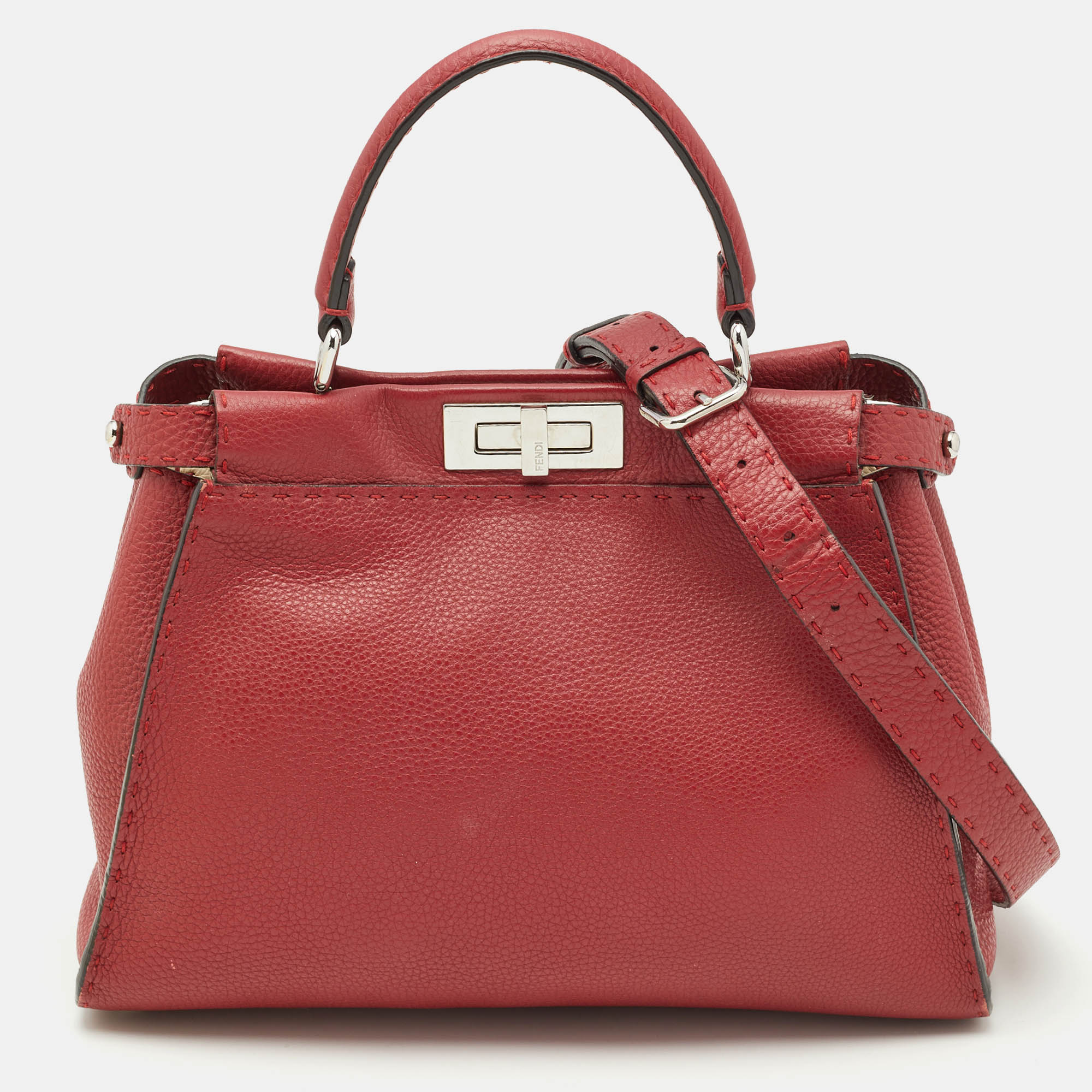 Fendi Red Selleria Leather Regular Peekaboo Top Handle Bag