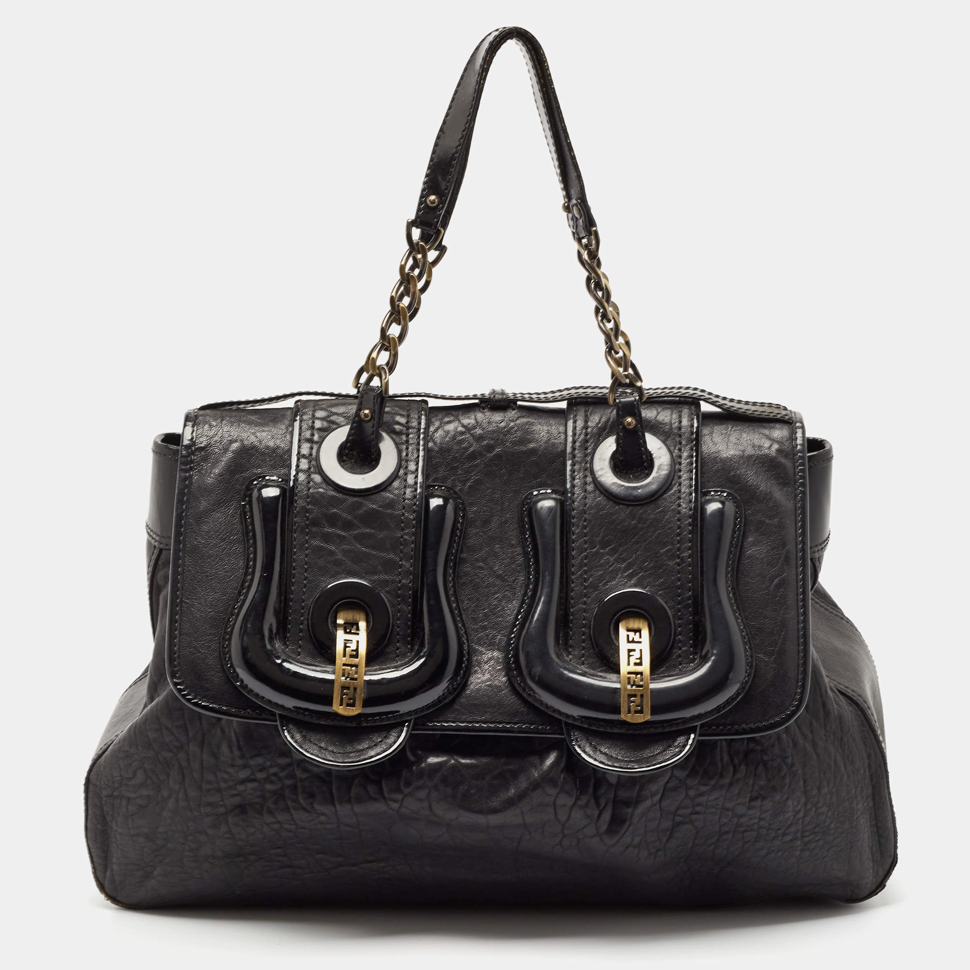 Fendi Black Pebbled Leather and Patent Leather Large B Shoulder Bag