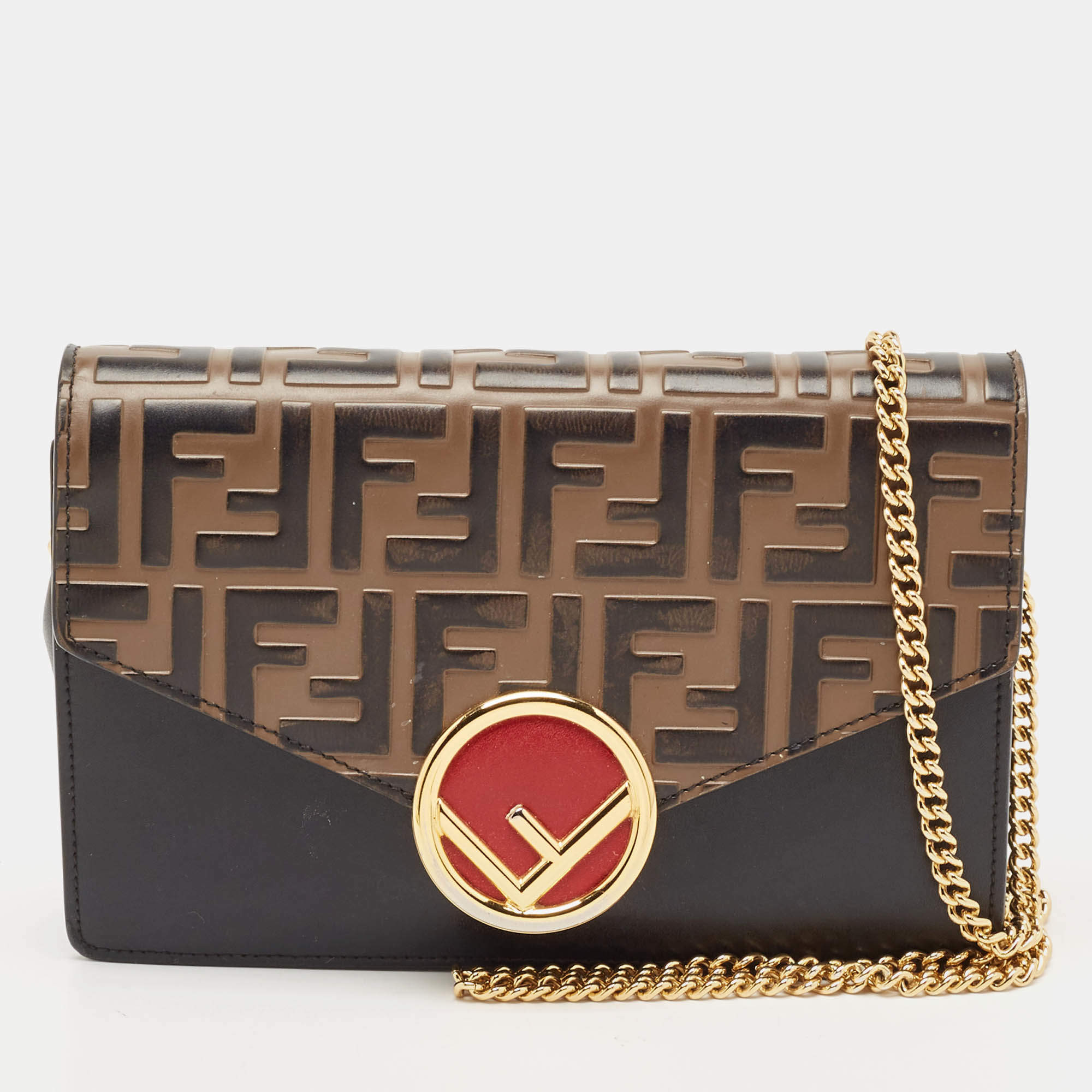 Pre Owned Fendi Brown/Black FF Leather F is Fendi Wallet On Chain