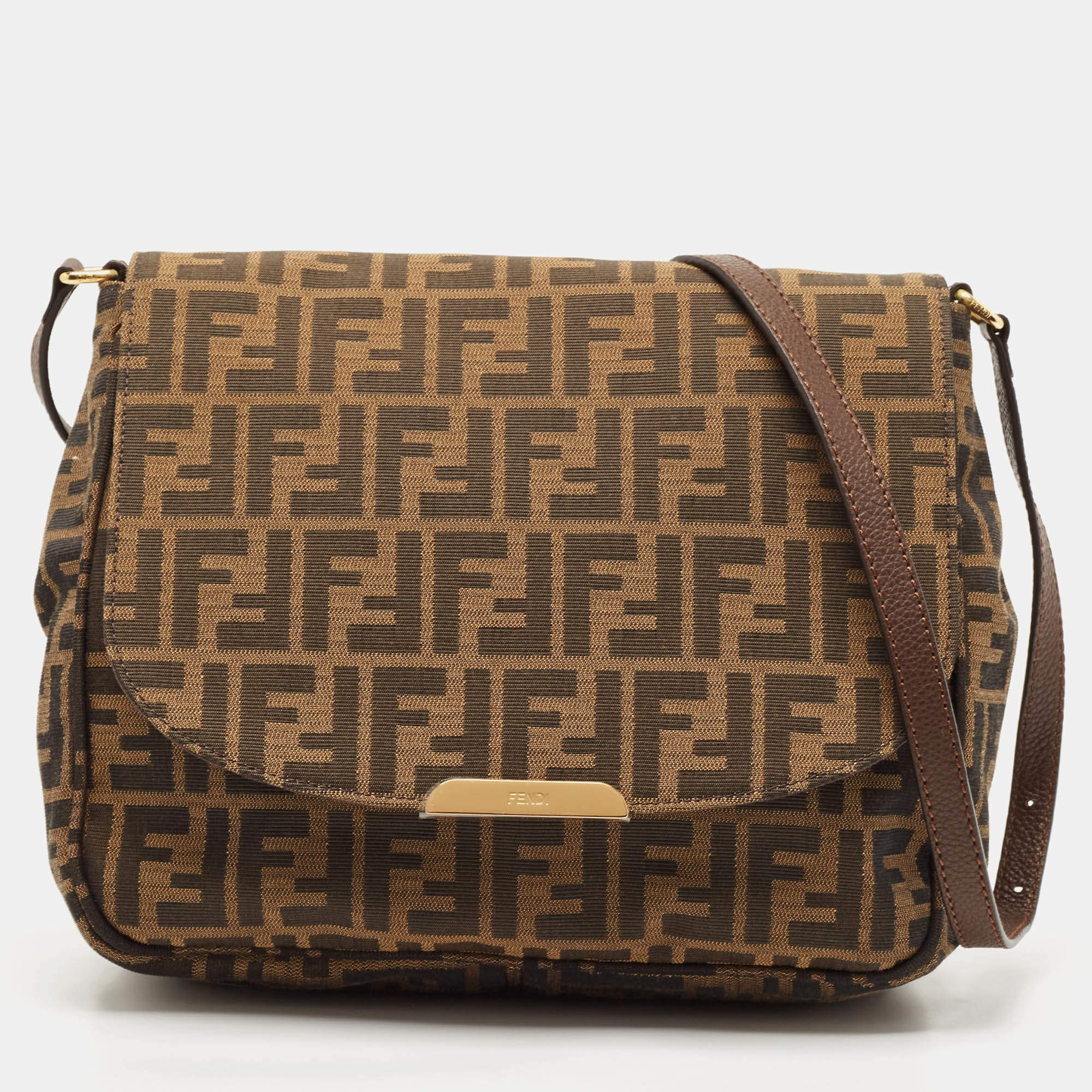 Pre Owned Fendi Tobacco Zucca Canvas Flap Crossbody Bag