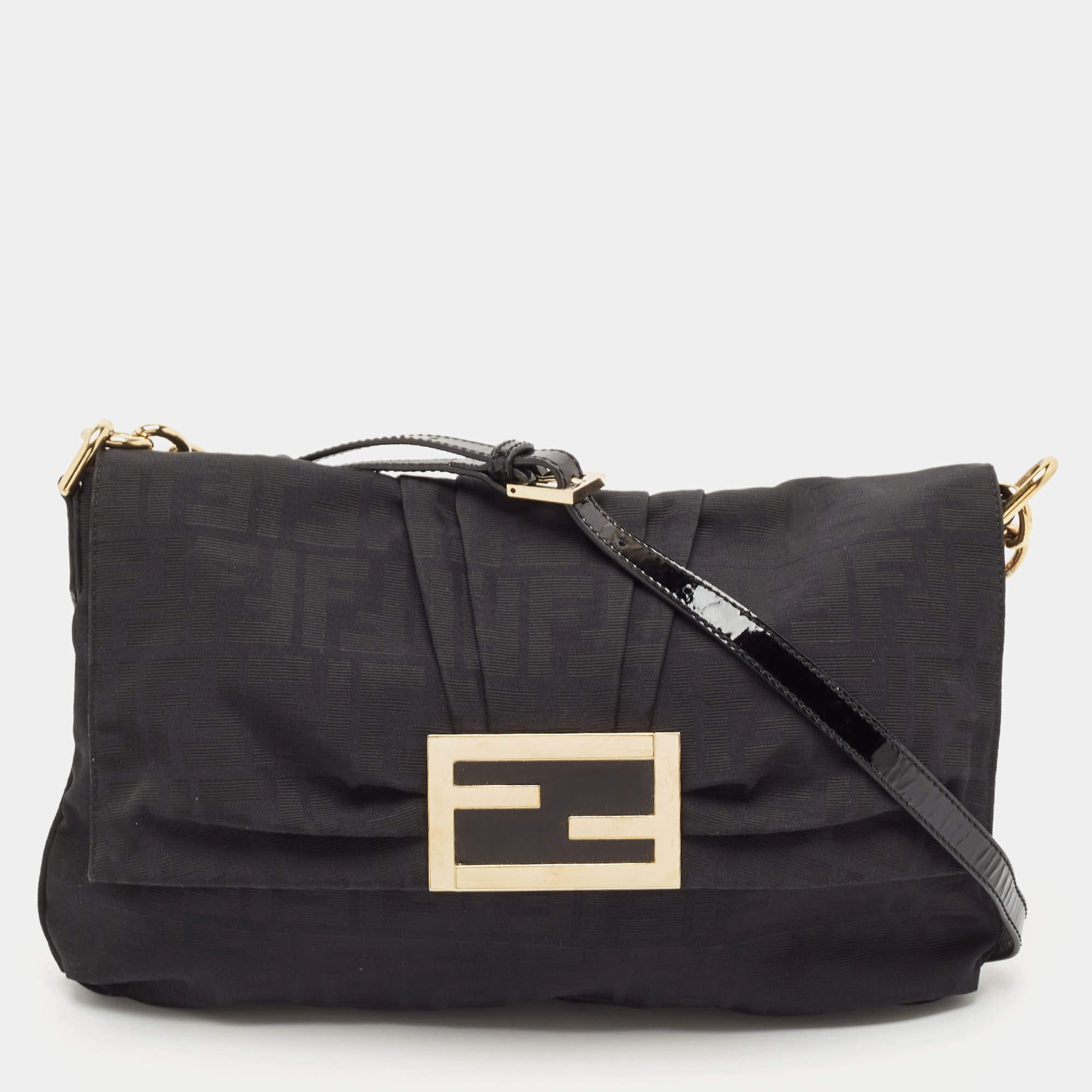 Pre Owned Fendi Black Zucca Canvas and Patent Leather Large Mia Flap Bag