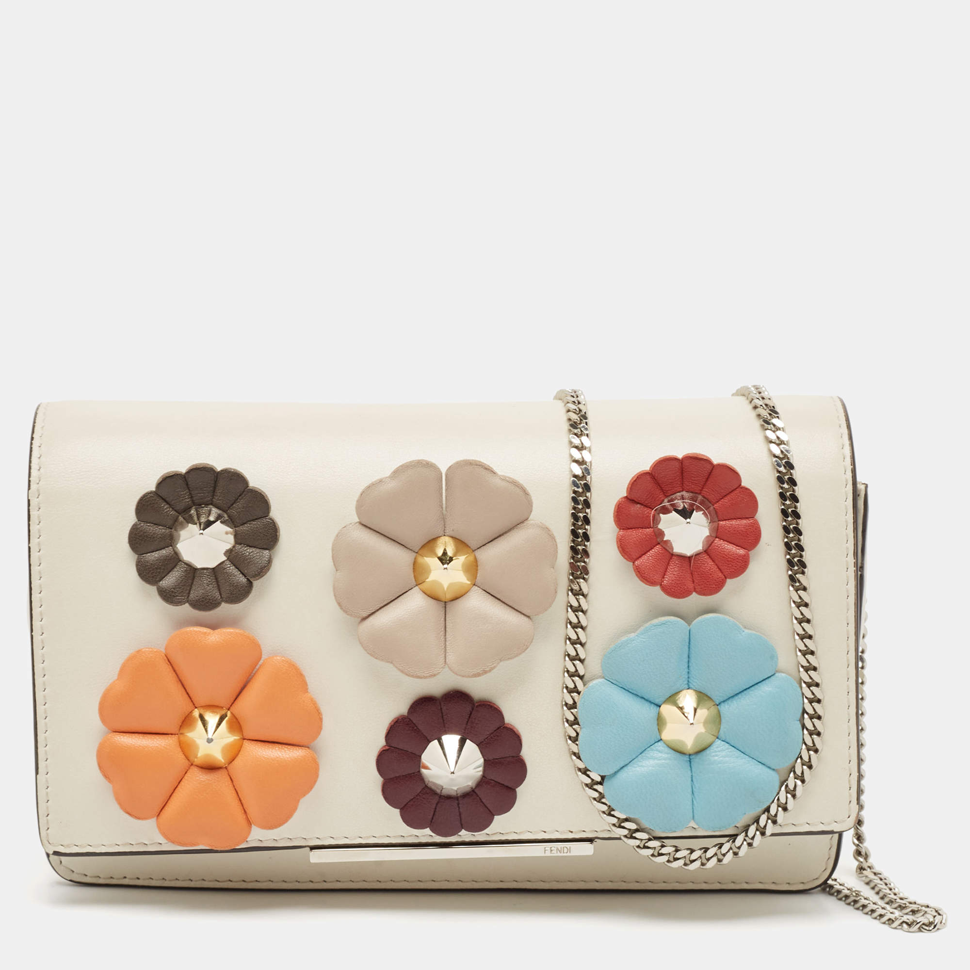 Fendi Off White Leather Flowerland Tube Chain Clutch