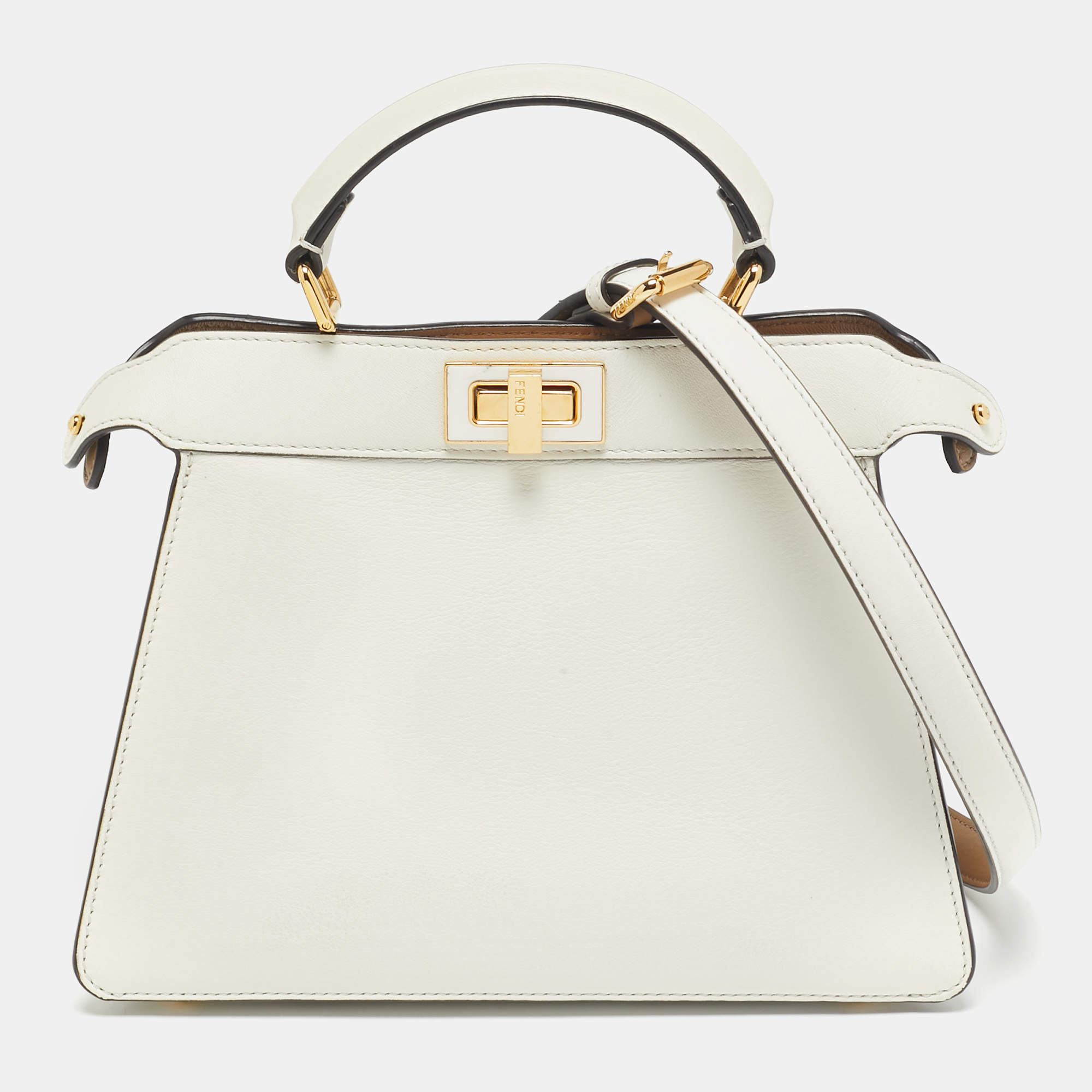 Pre Owned Fendi White/Brown Leather Small Peekaboo ISeeU Top Handle Bag
