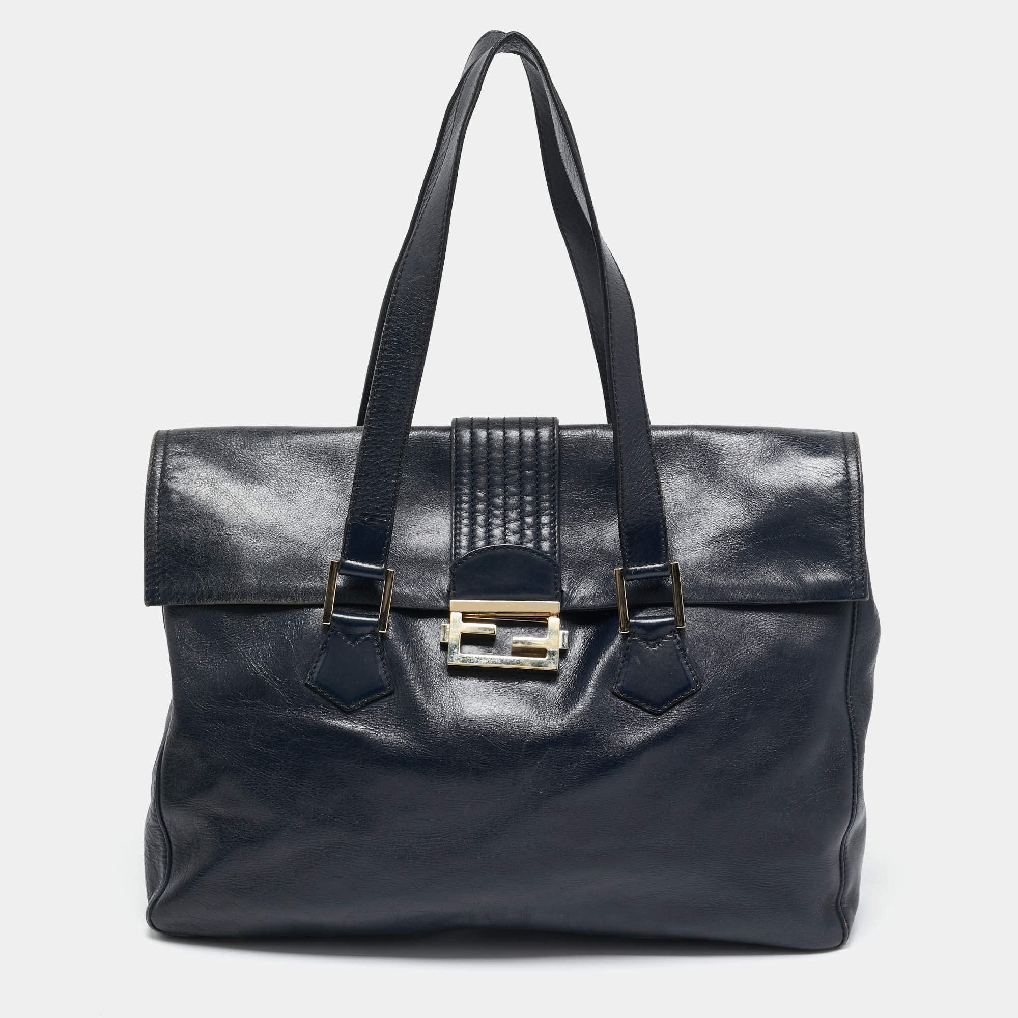 Fendi Navy Blue Glossy Leather FF Flap Tote