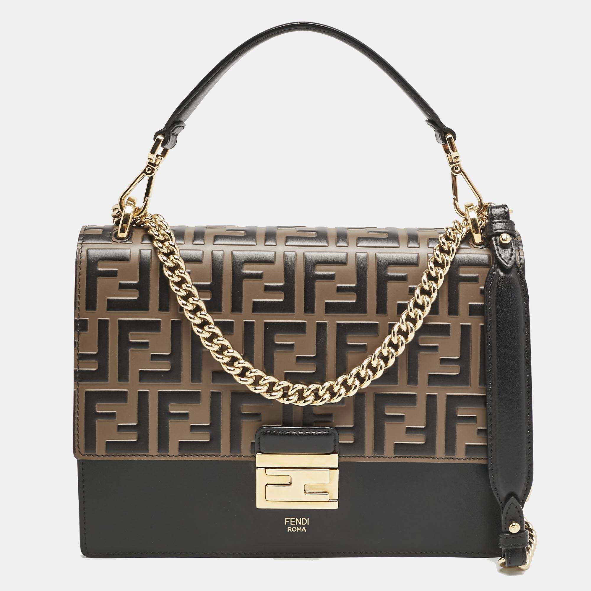 Pre Owned Fendi Brown/Black FF Embossed Leather Kan U Shoulder Bag