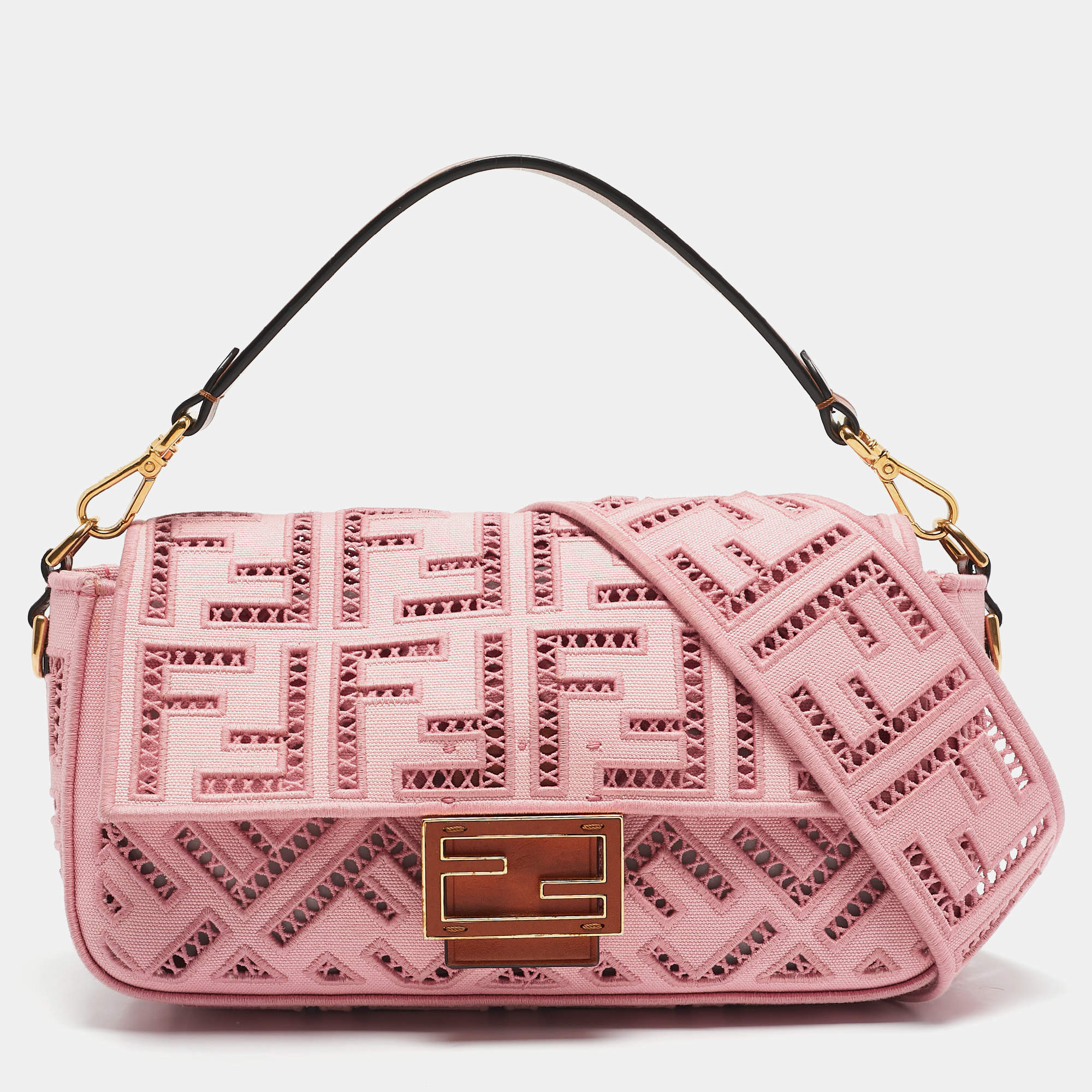 Fendi Pink FF Openwork Embroidered Canvas Medium Baguette Bag