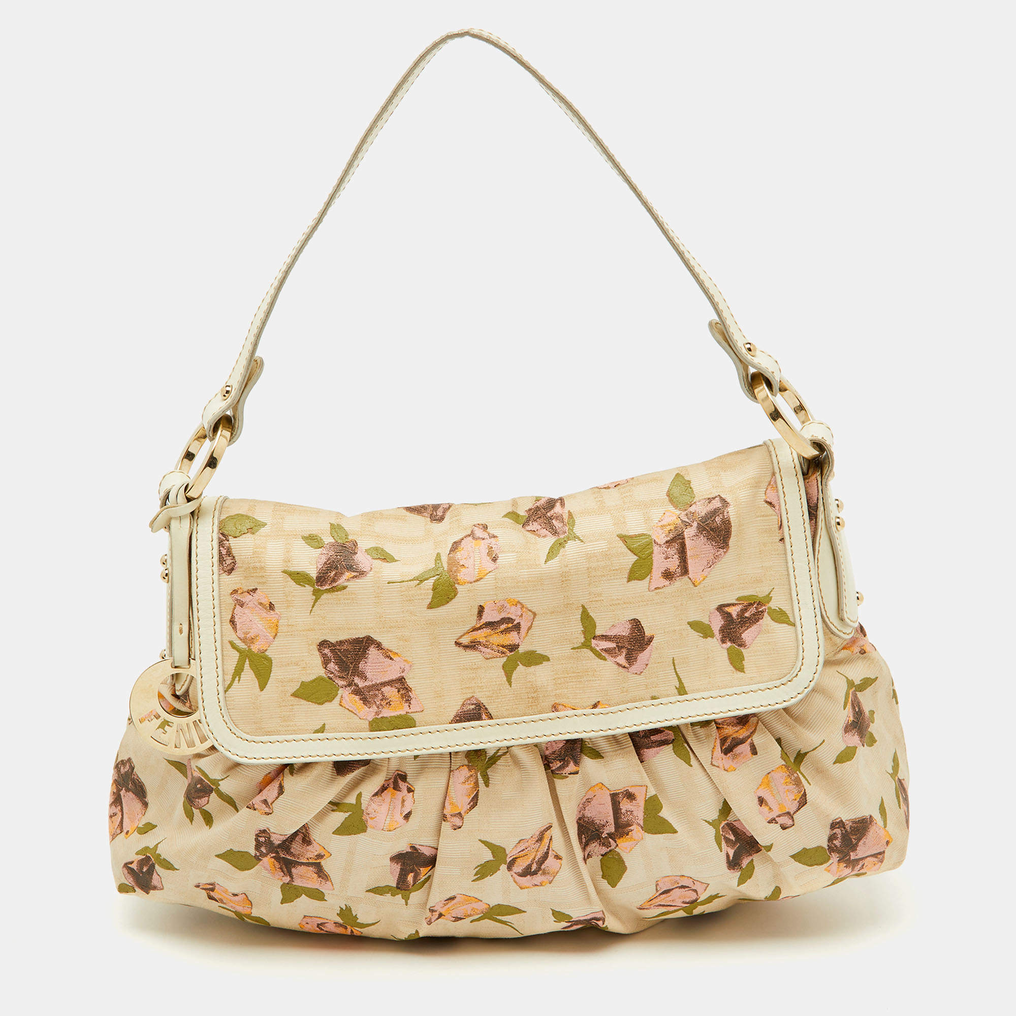 Pre Owned Fendi Beige Floral Print Zucca Canvas and Leather Chef Shoulder Bag