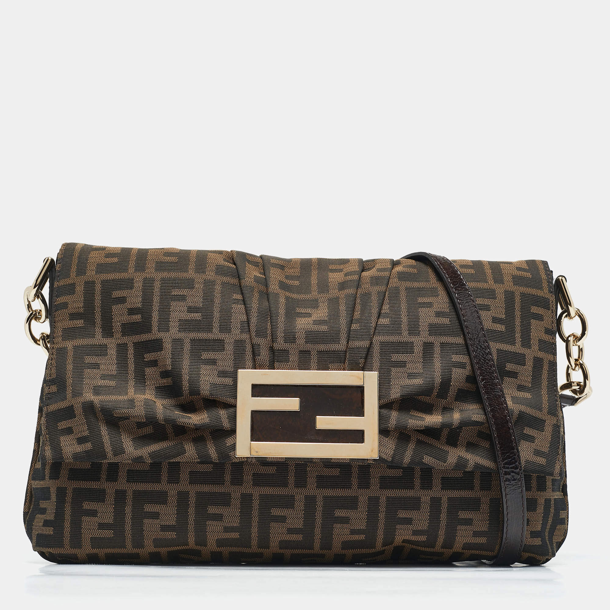 Pre Owned Fendi Tobacco Zucca Canvas and Patent Leather Mia Flap Shoulder Bag