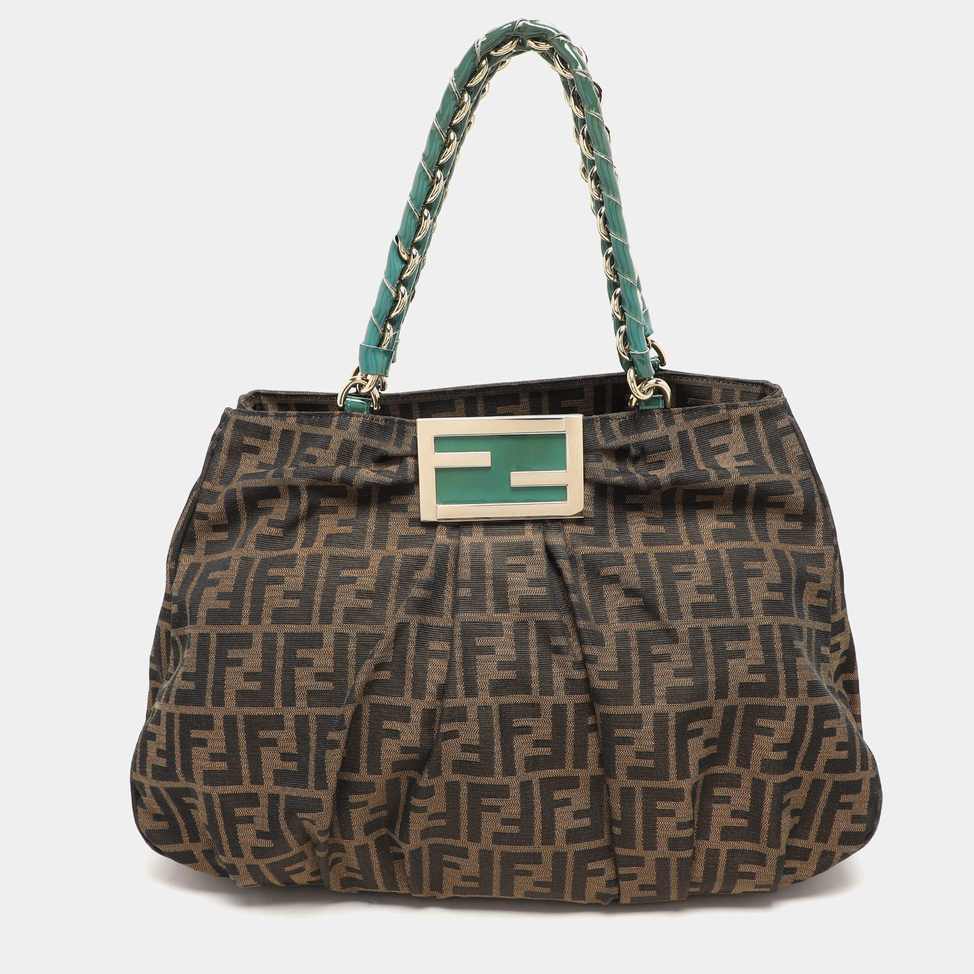 Fendi Tobacco Zucca Canvas And Patent Leather Large Mia Shoulder Bag