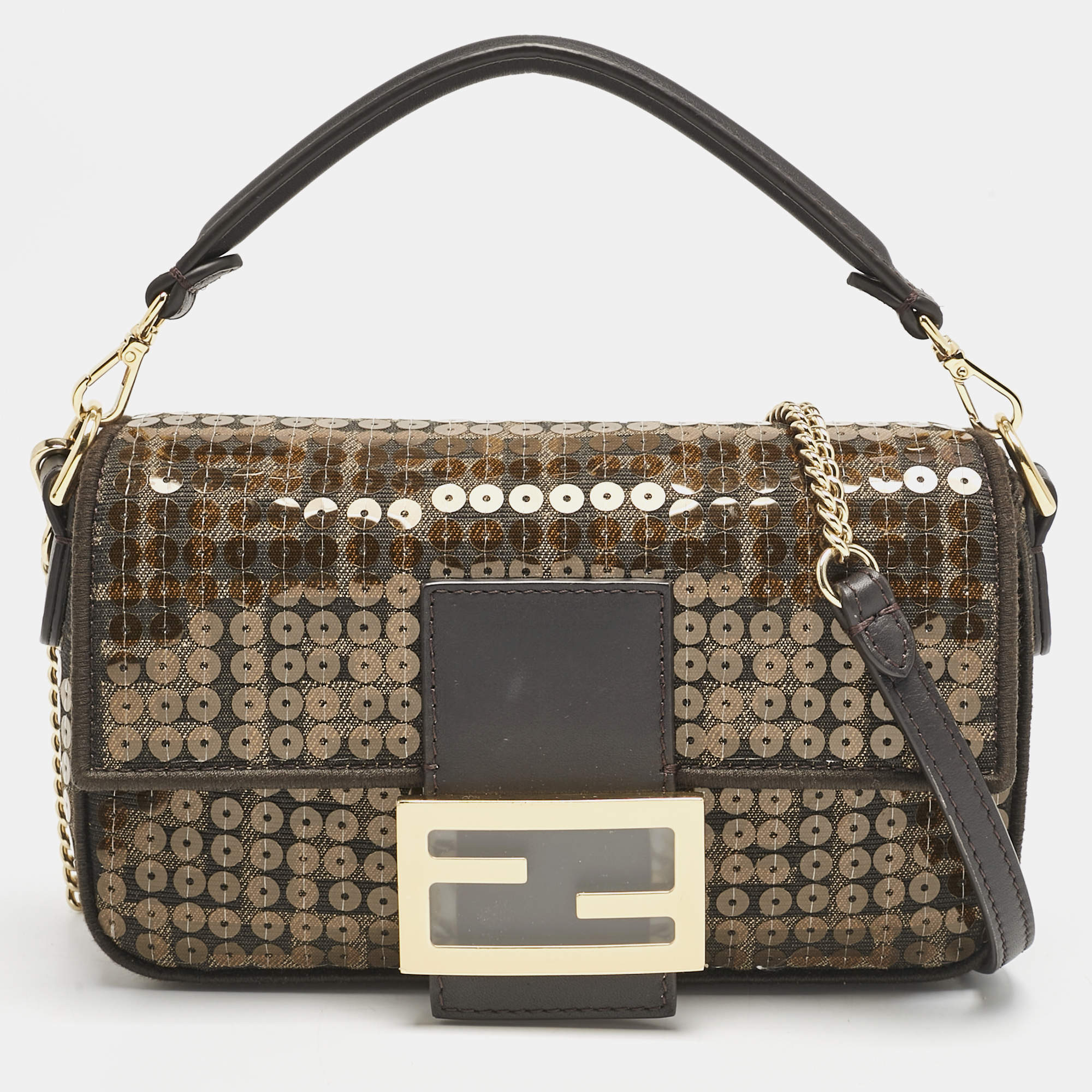 Fendi Tobacco Zucca Canvas and Sequins Mini Baguette Bag