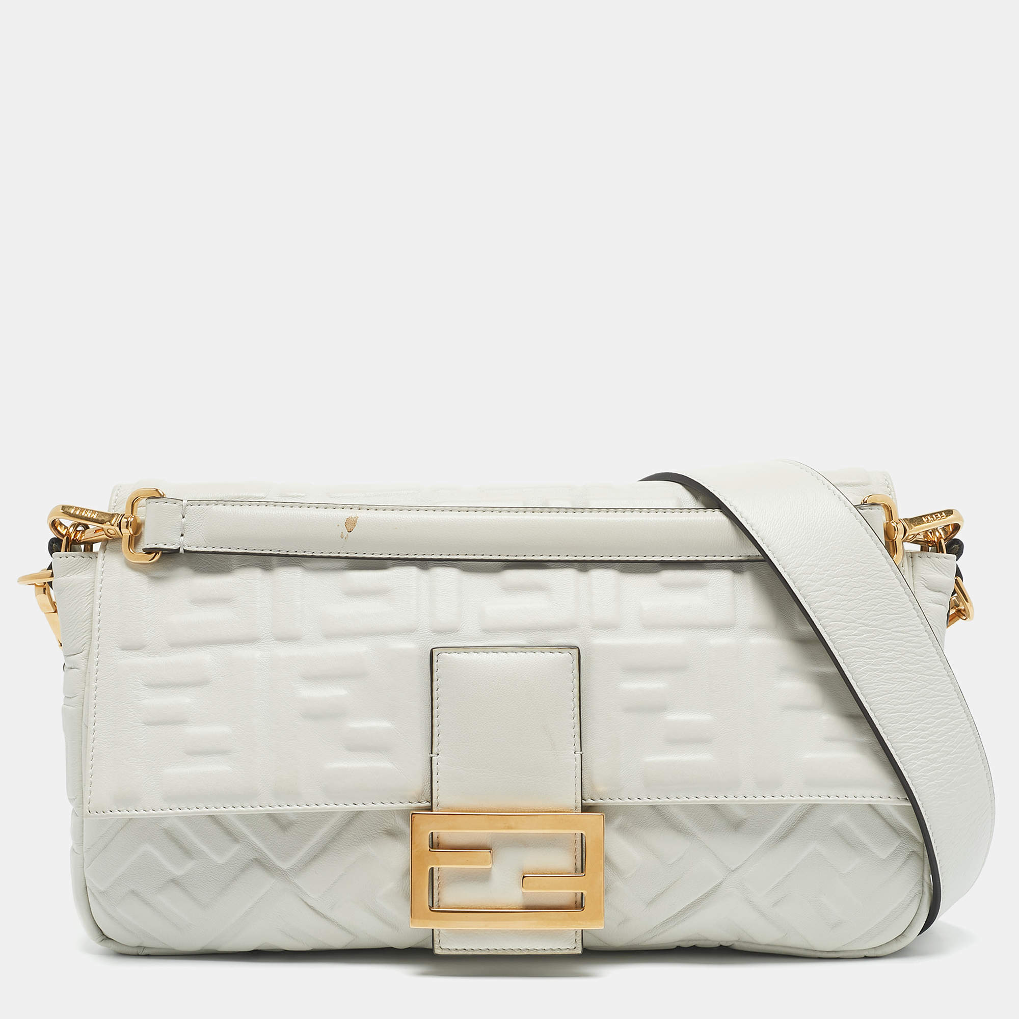 Fendi White Zucca Embossed Leather Baguette NM Bag