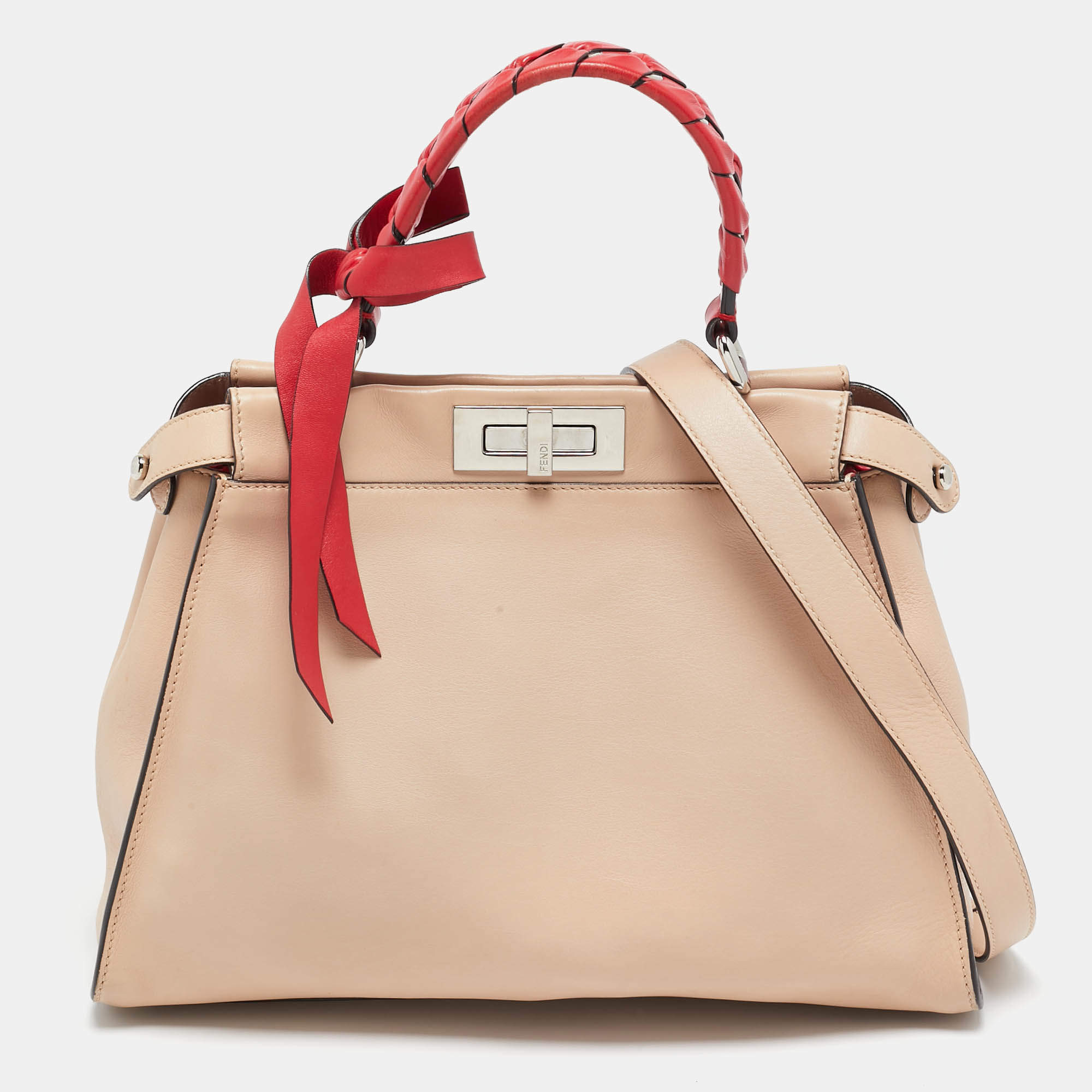 مملوكة مسبقًا Fendi Beige/Red Leather Regular Peekaboo Bow Top Handle Bag