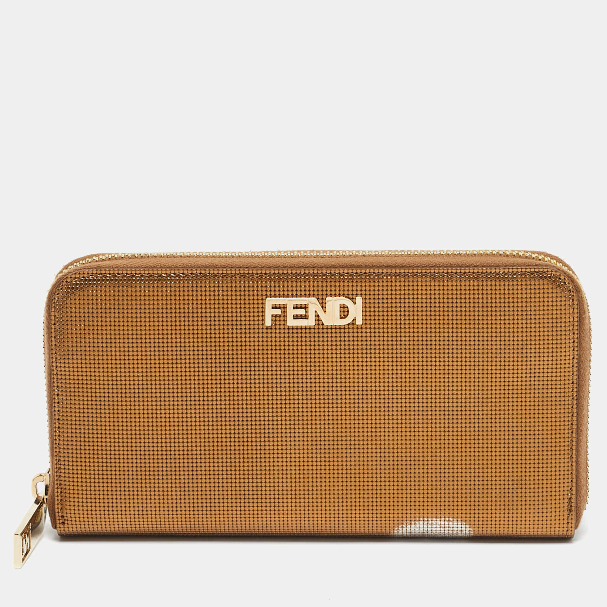 Pre Owned Fendi Gold Embossed Leather Logo Zip Continental Wallet