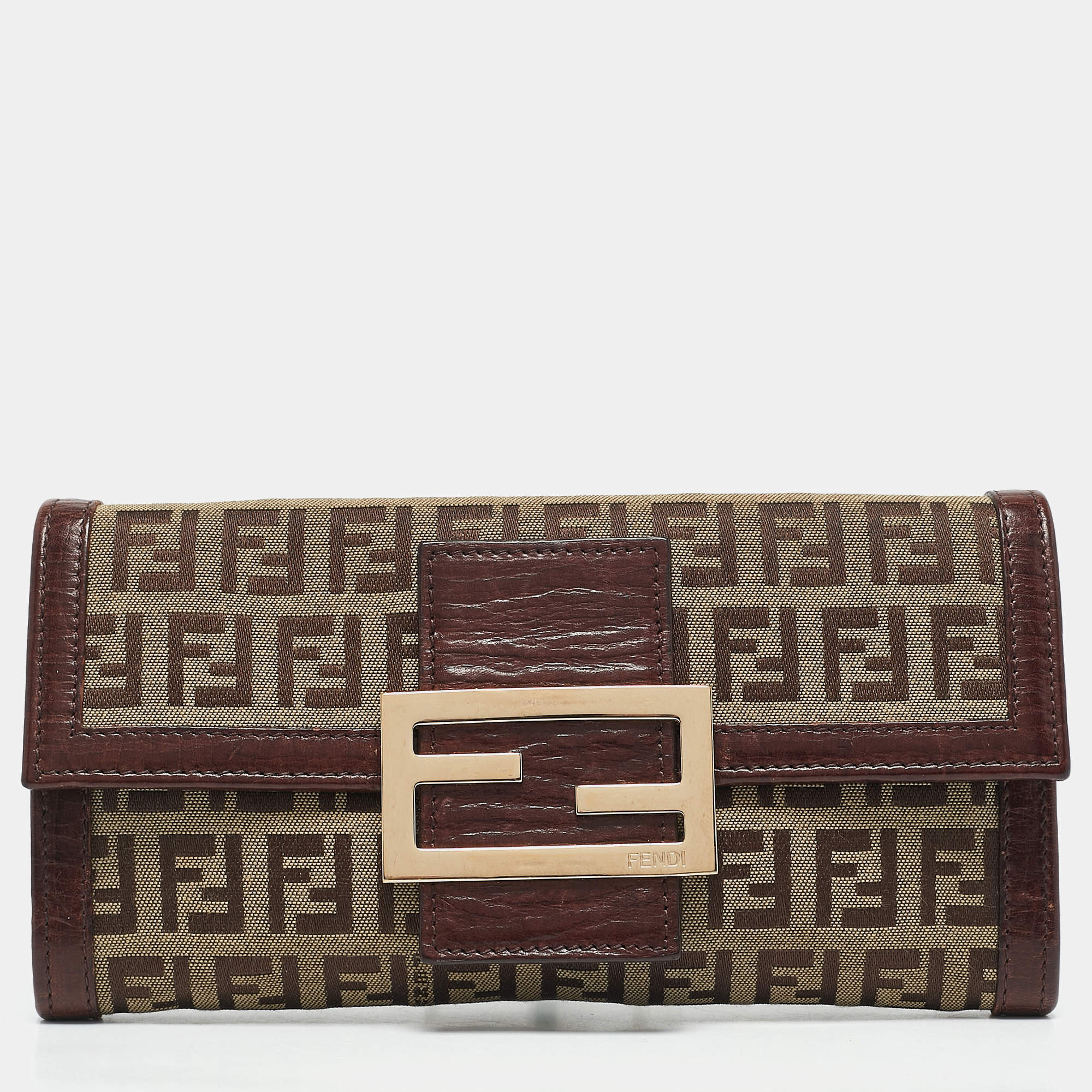 Fendi Beige/Brown Zucchino Canvas and Leather Forever Flap Continental Wallet