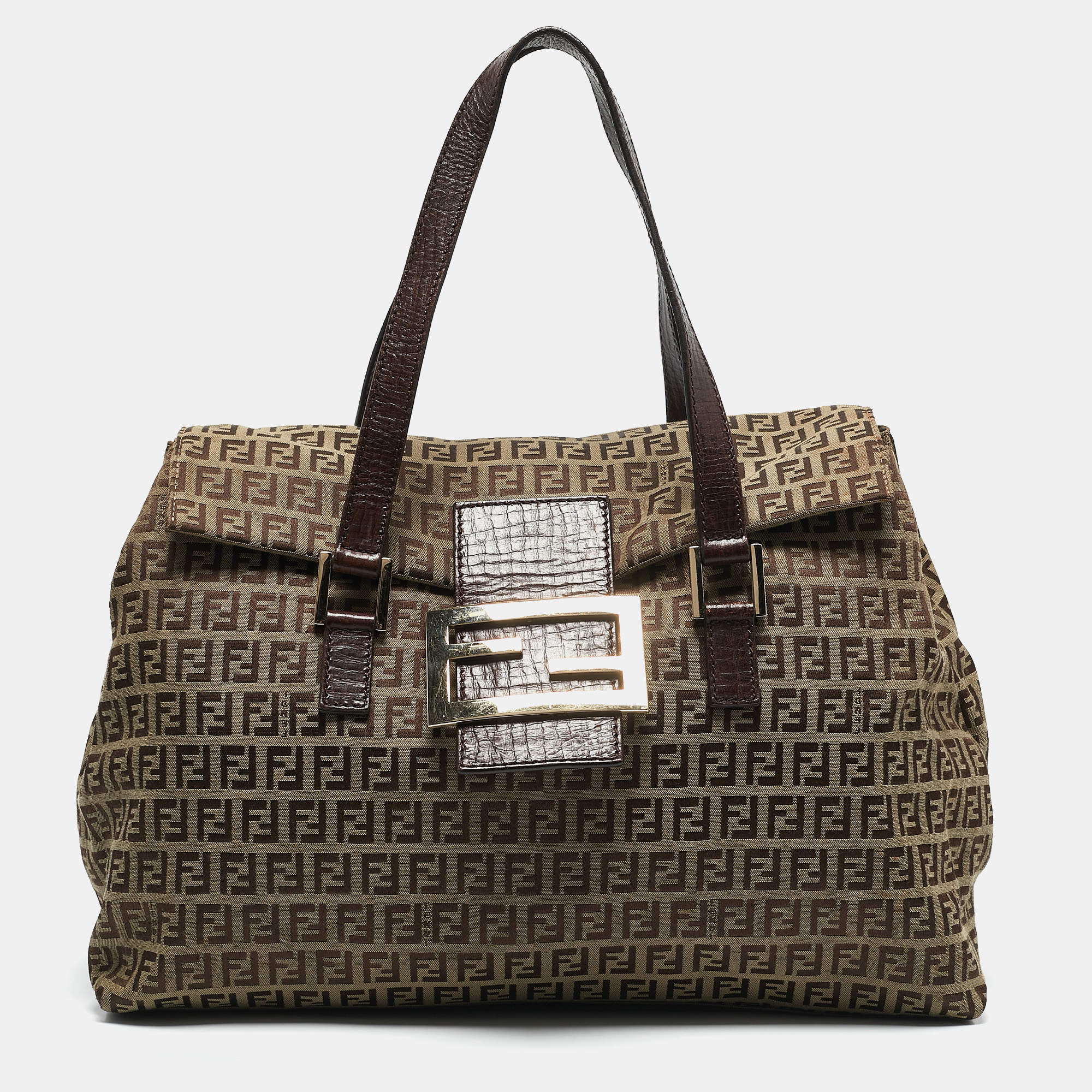 Pre Owned Fendi Beige/Brown Zuchinno Fabric and Leather Forever Flap Tote