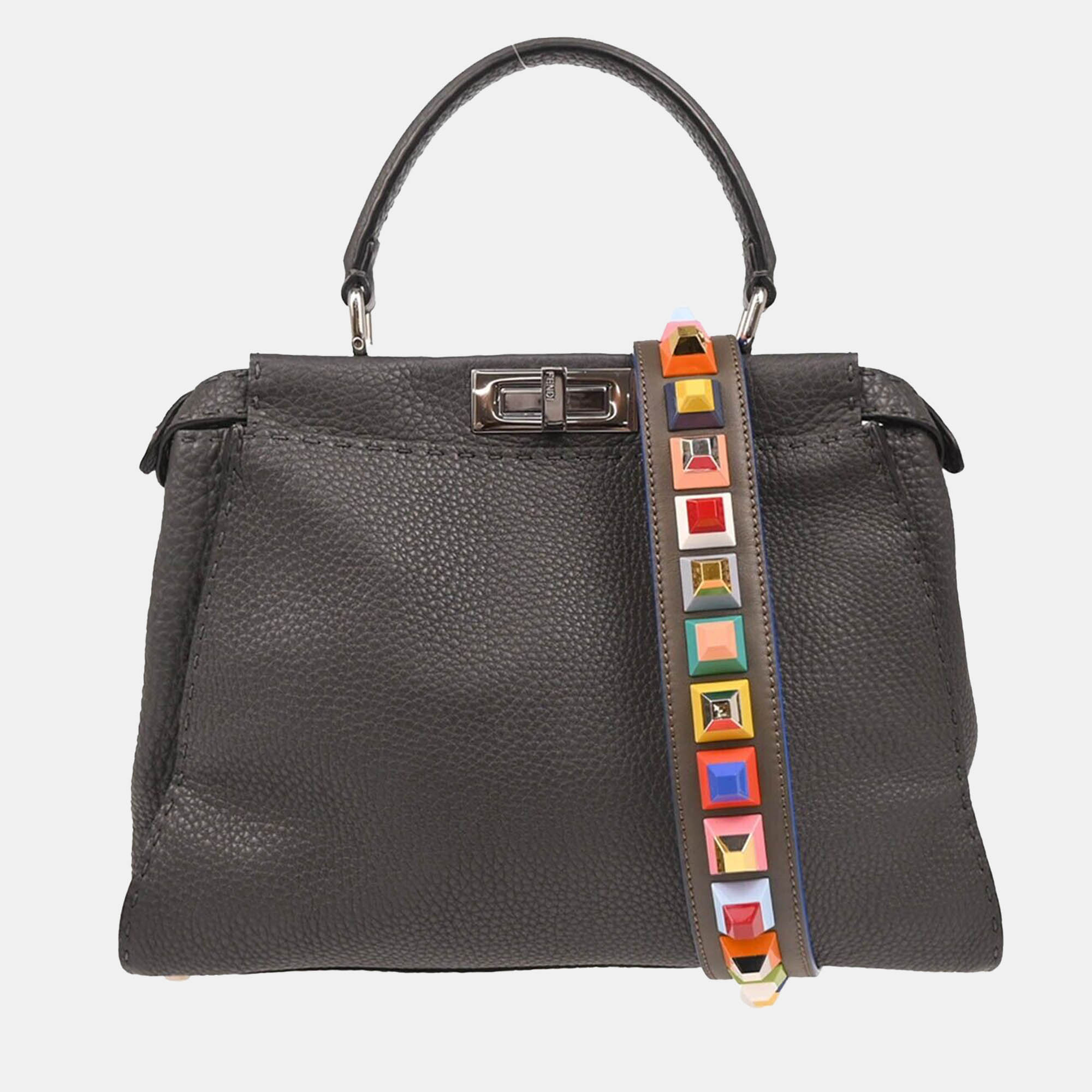 Fendi Gray Leather Peekaboo Handbag