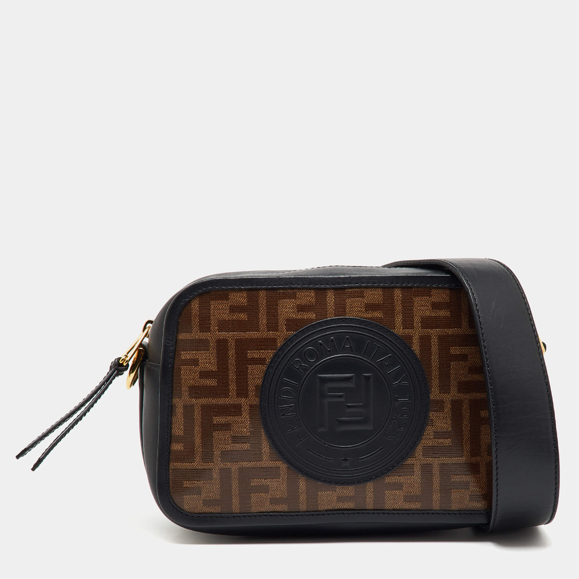 Pre Owned Fendi Tobacco/Black Zucca Coated Canvas and Leather FF 1974 Stamp Camera Bag