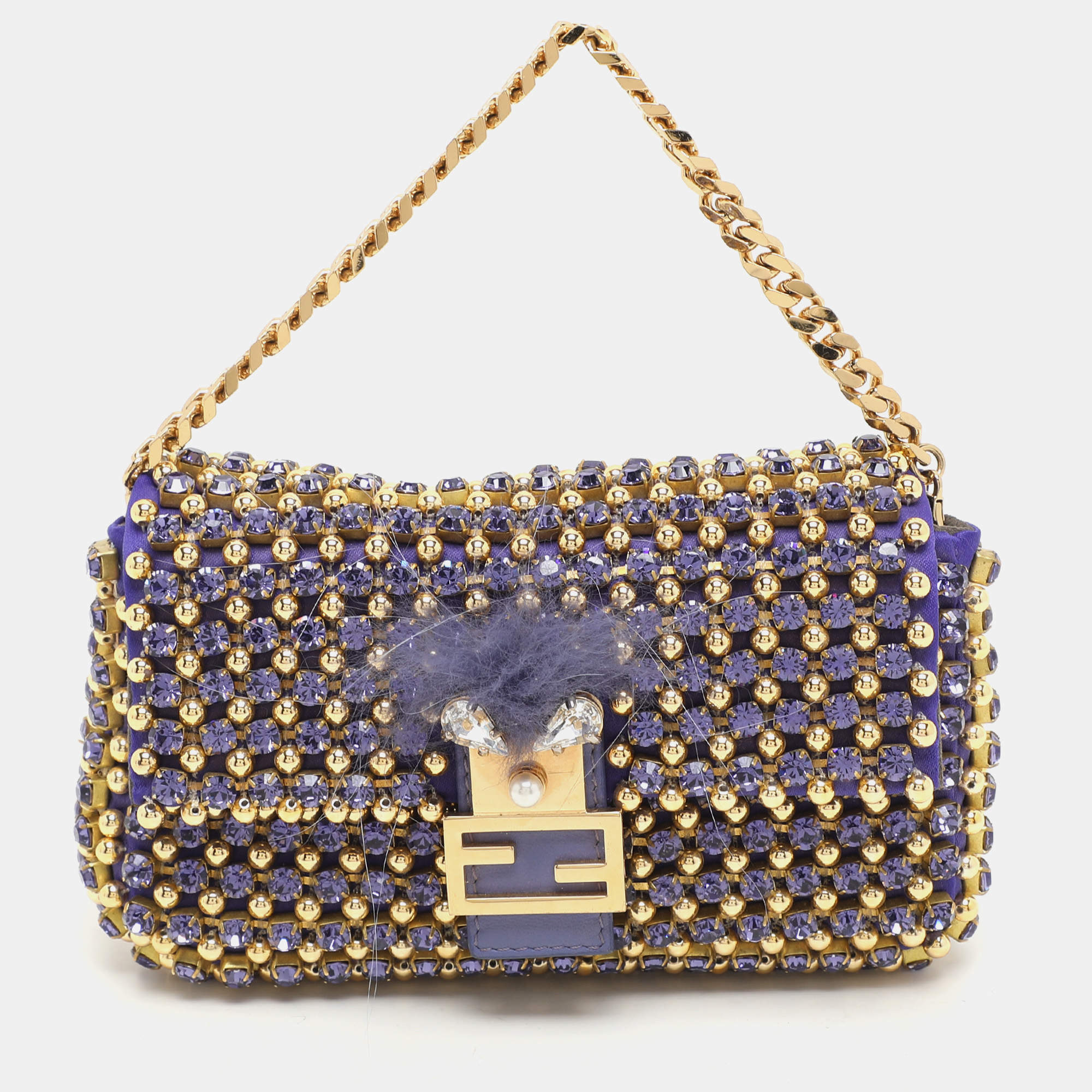 Pre Owned Fendi Purple/Gold Satin Crystal Studded Fur Micro Baguette Bag