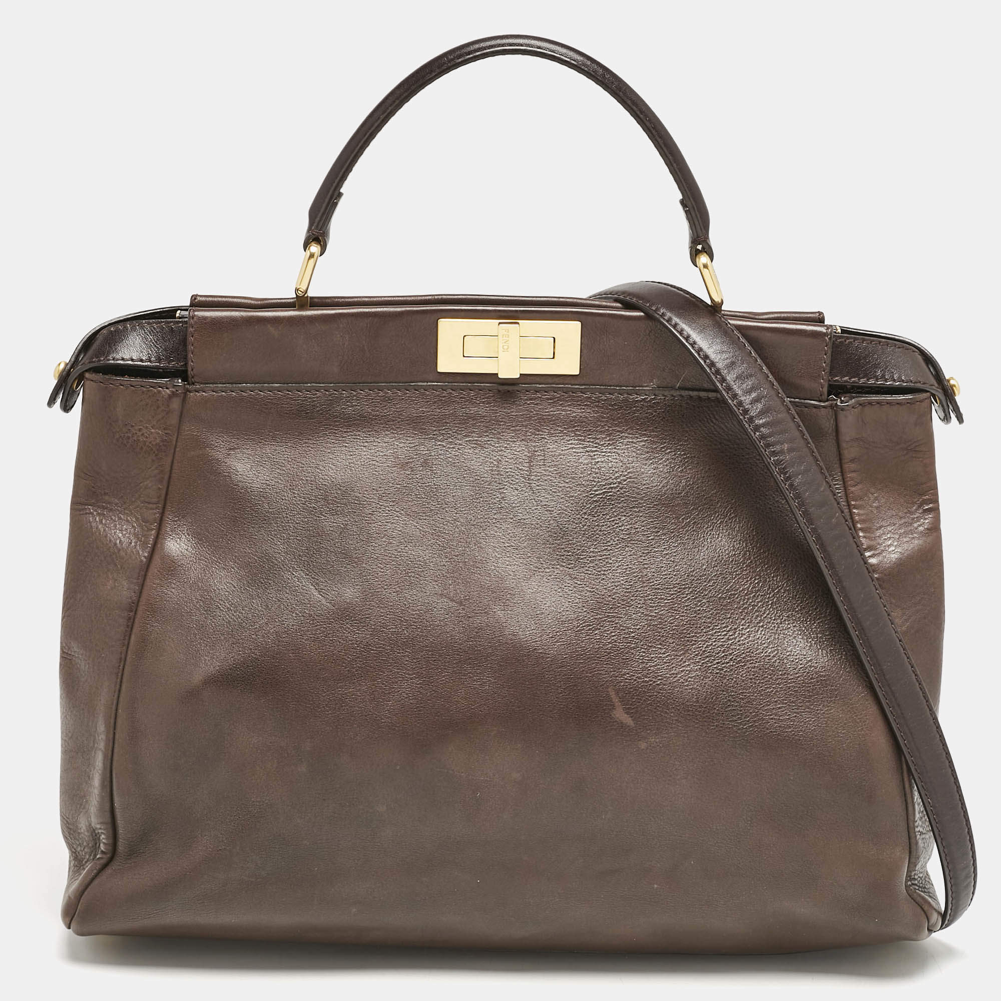 Fendi Dark Brown Leather Large Peekaboo Top Handle Bag