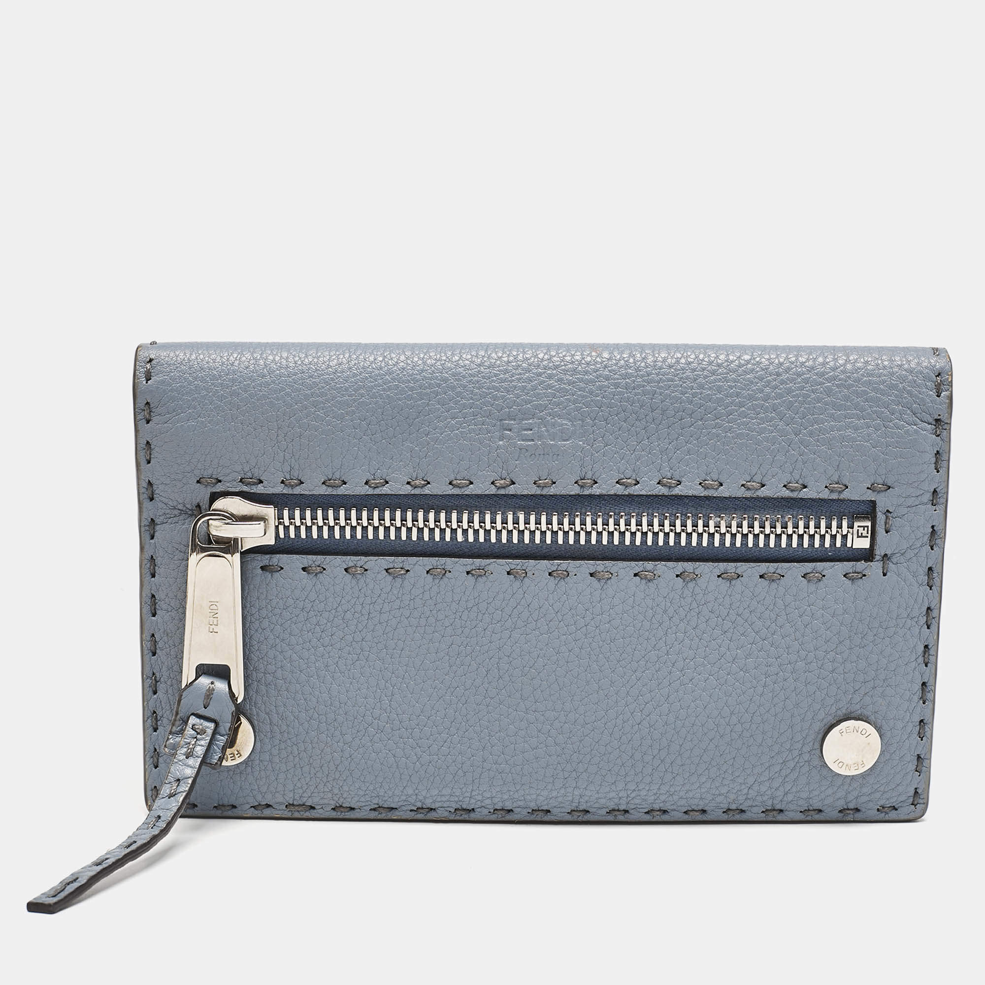 Fendi Light Blue Selleria Leather Front Zip Wallet Organizer