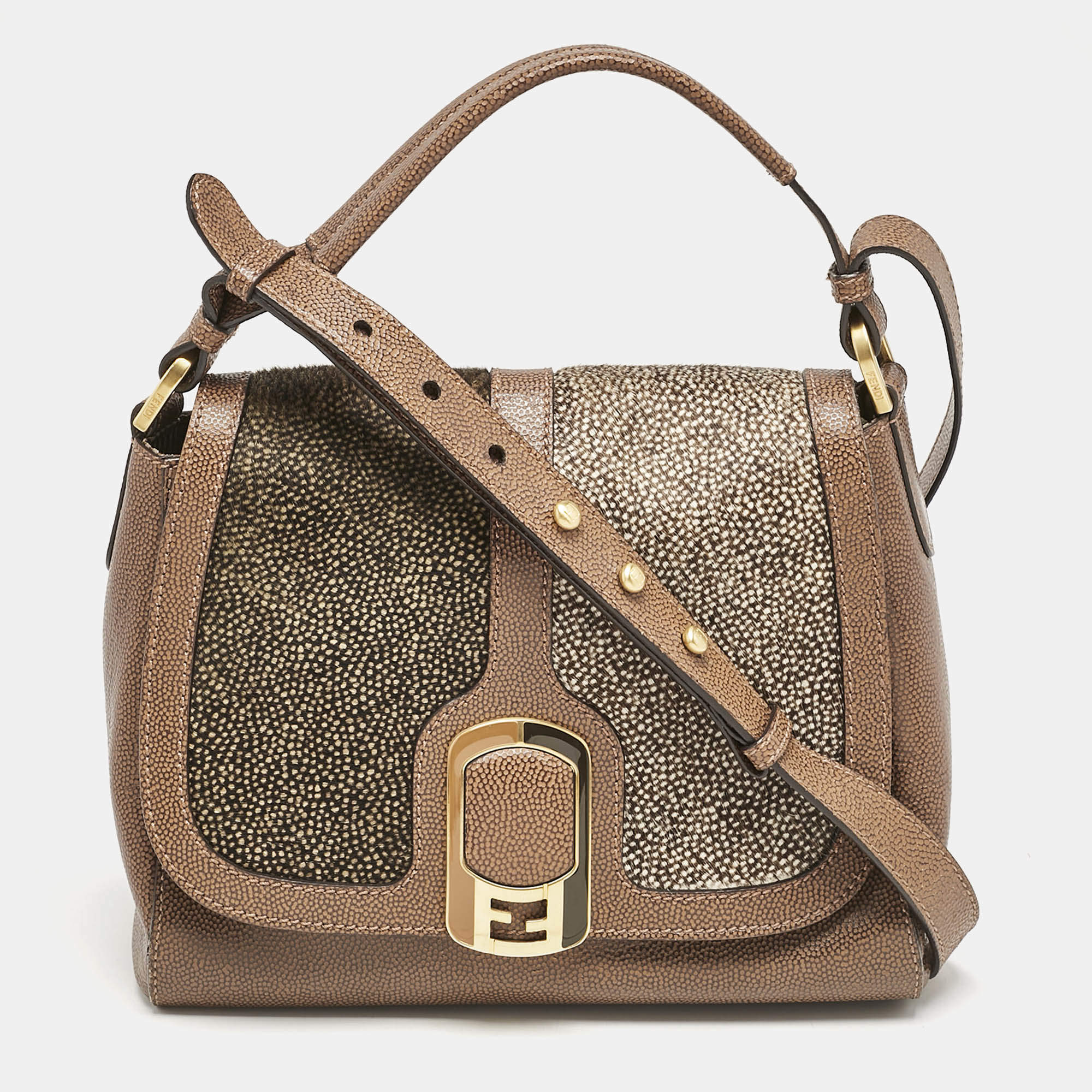 Pre Owned Fendi Tricolor Leather and Calf Hair Anna Shoulder Bag