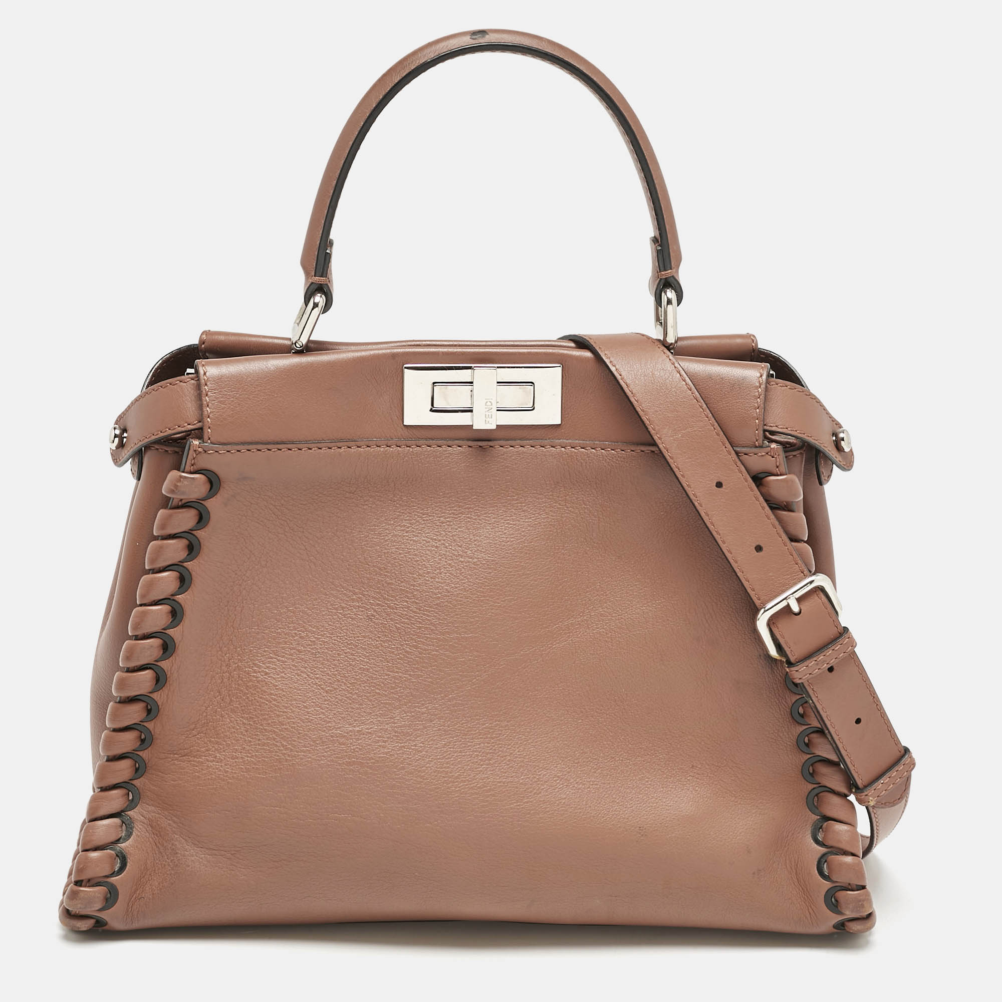 Pre Owned Fendi Brown Leather Medium Whipstitched Peekaboo Top Handle Bag