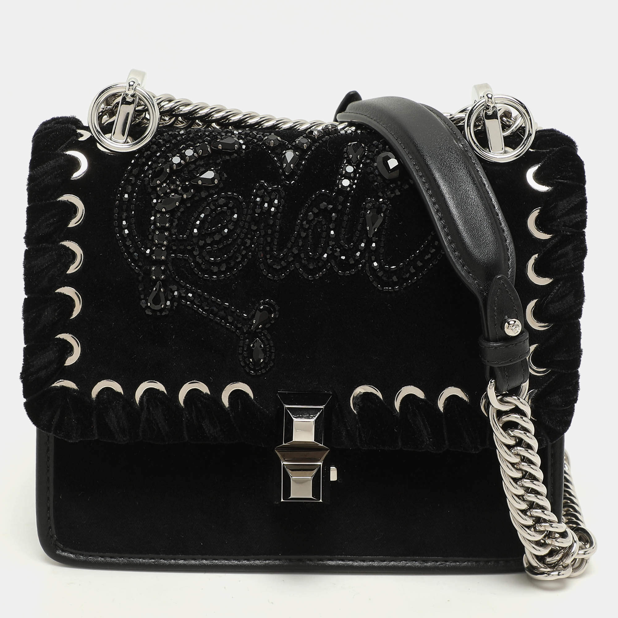 Fendi Black Velvet and Leather Small Kan I Logo Embellished Top Handle Bag