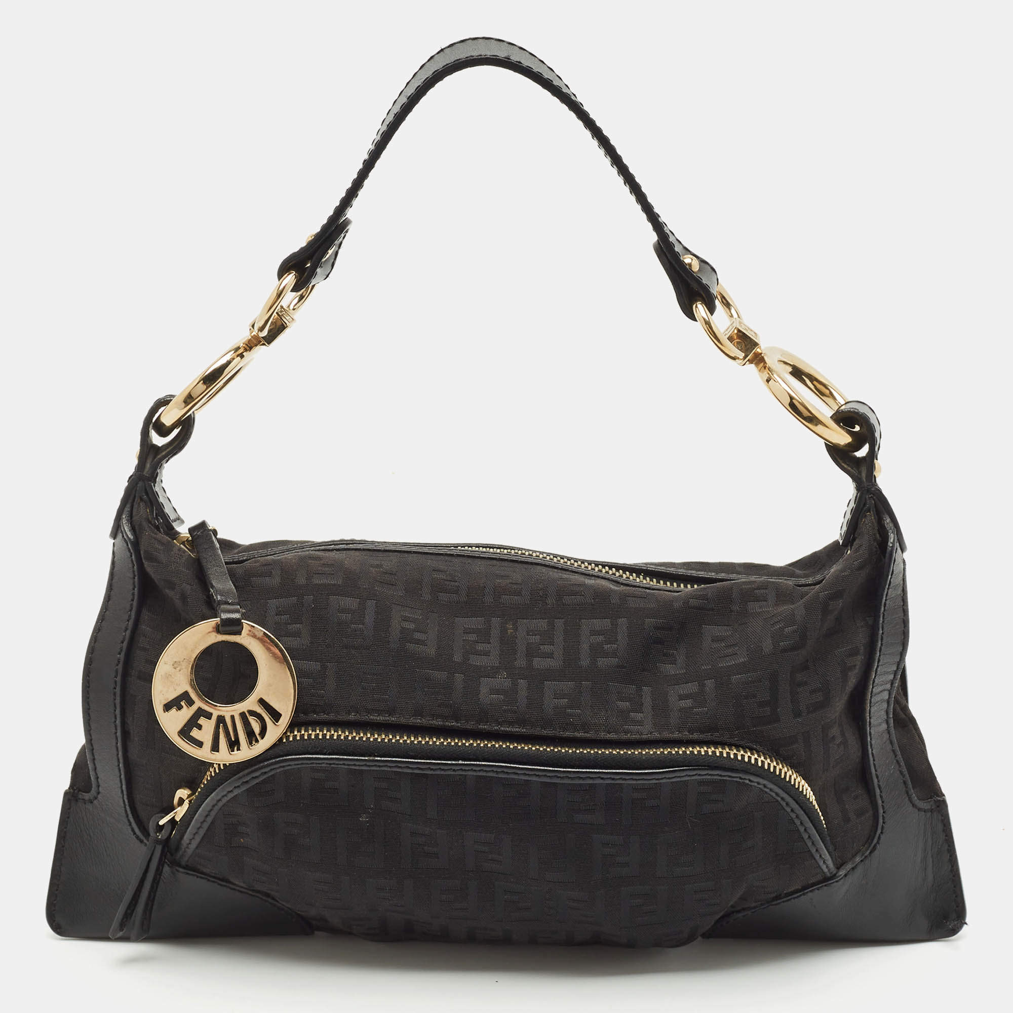 Fendi Black Zucchino Fabric and Leather Small Chef Pocket Shoulder Bag