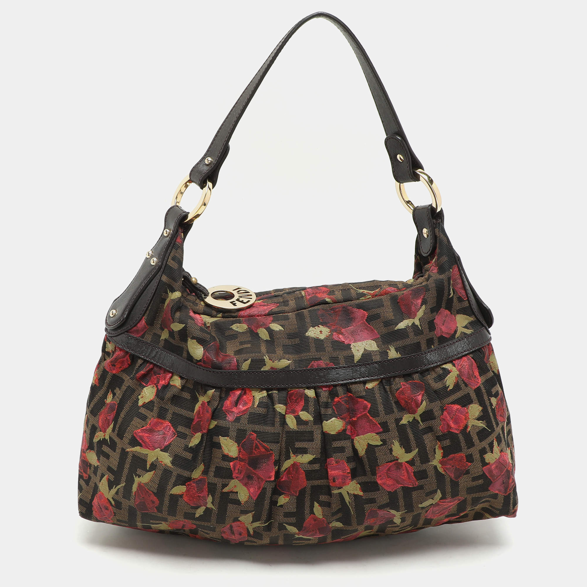 Fendi Brown Zucca Floral Print Canvas and Leather Chef Shoulder Bag