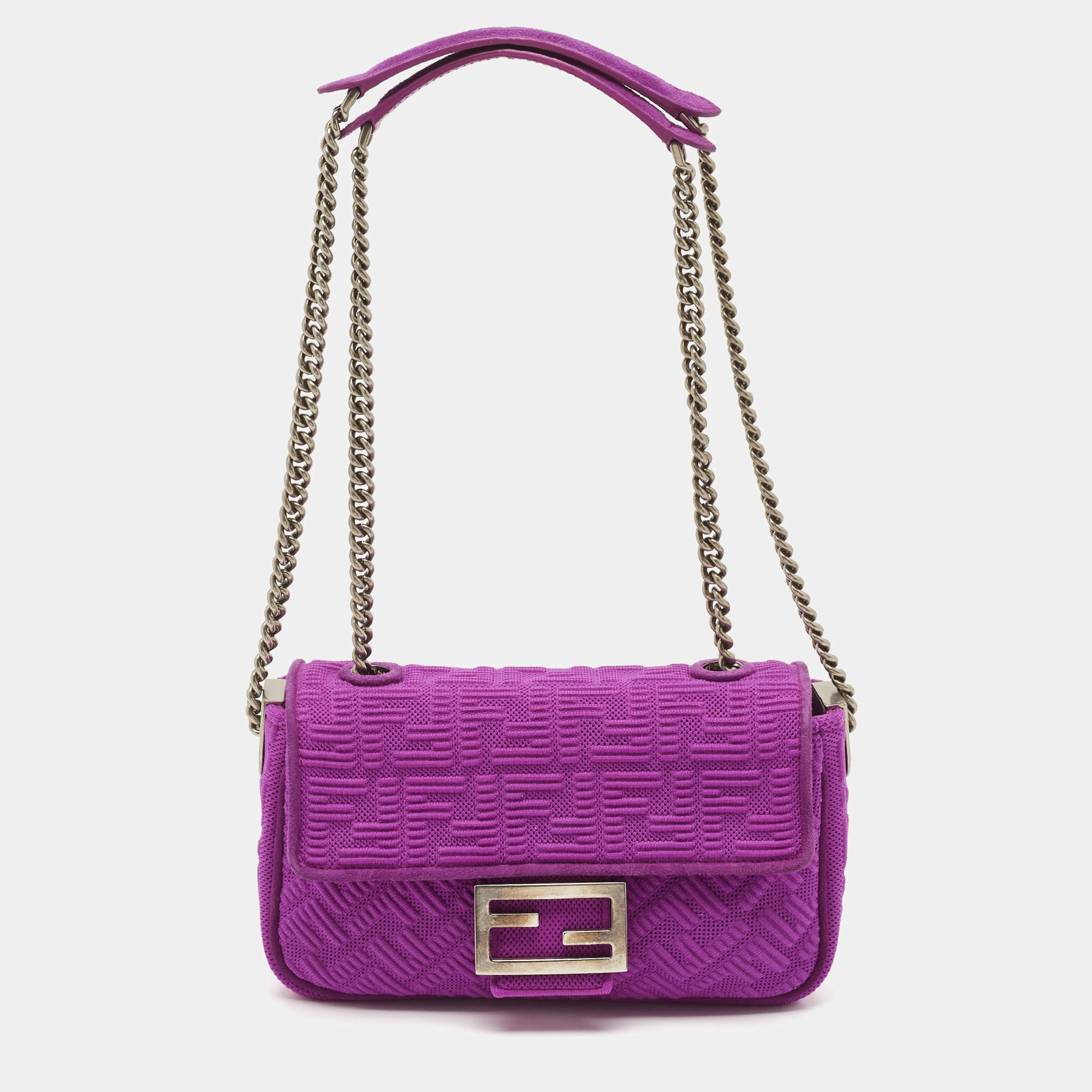 مملوكة مسبقًا Fendi Fuchsia Zucca Embossed Fabric Midi Baguette Flap Bag