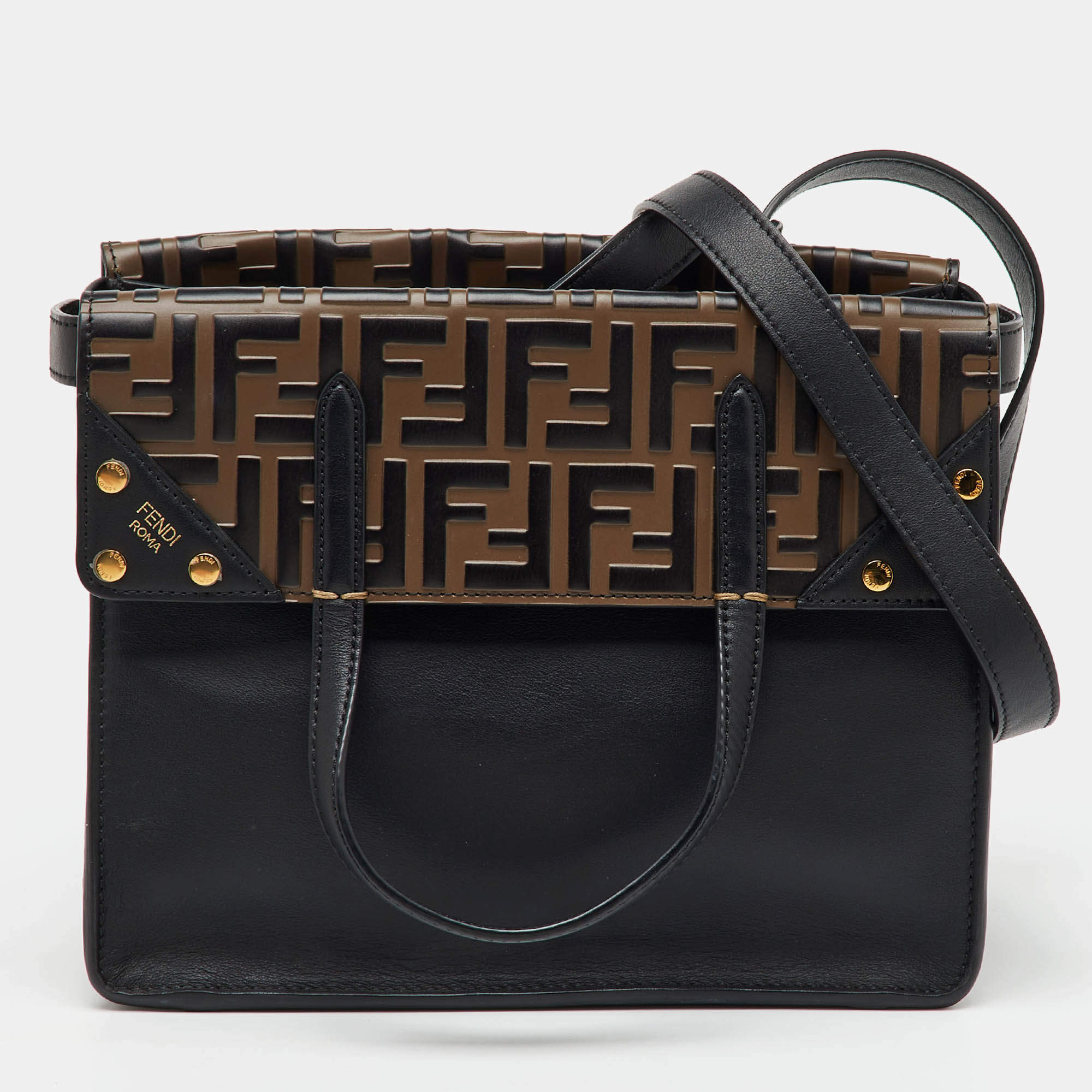 Fendi Black/Brown Zucca Embossed Leather Grace Flip Convertible Tote