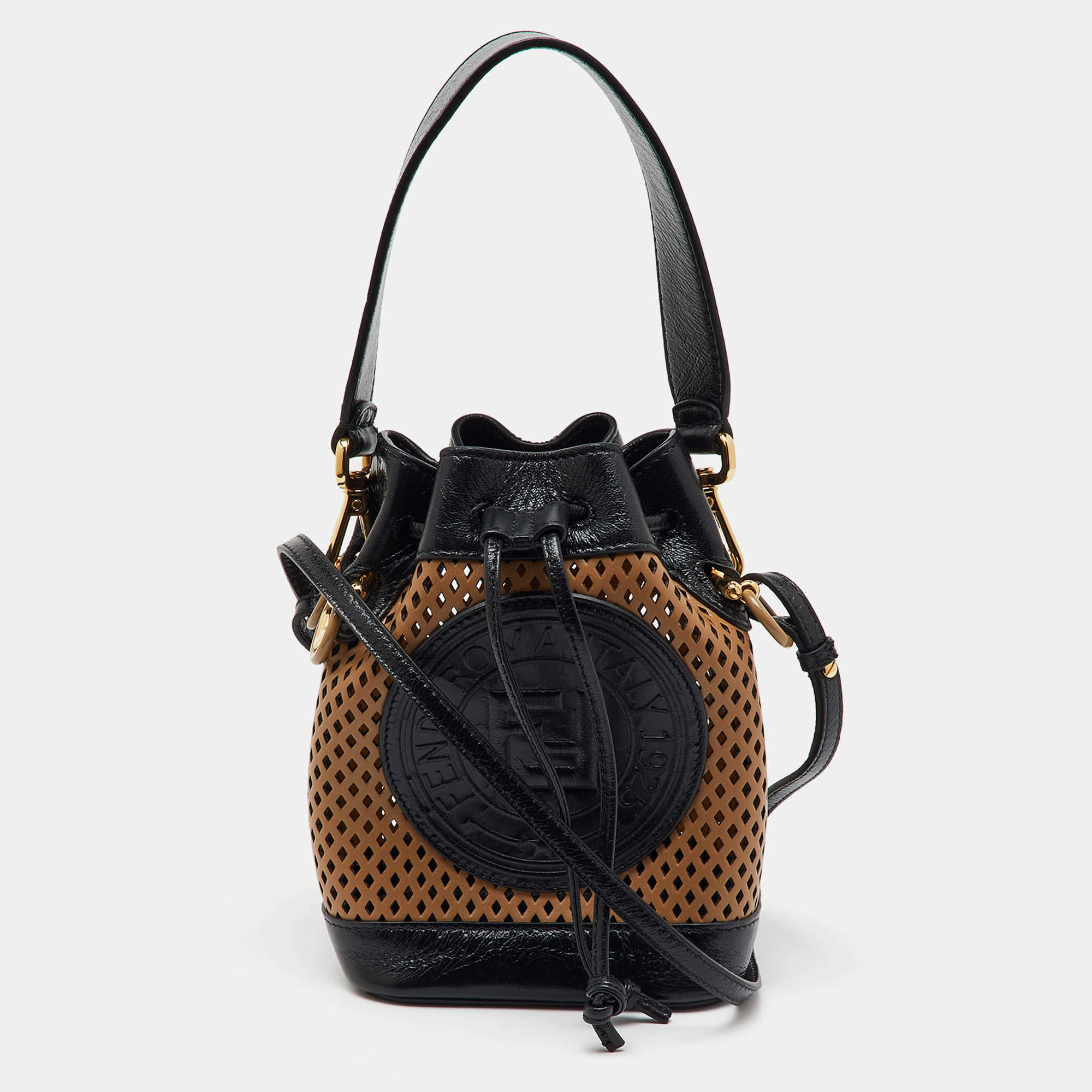 Fendi Black/Tan Perforated Leather Mini Mon Tresor Bucket Bag