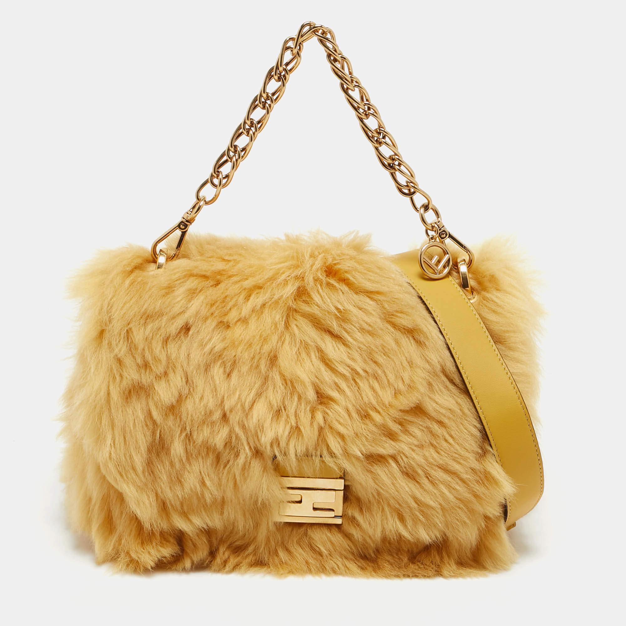 Fendi Yellow Fur Kan U Top Handle Bag