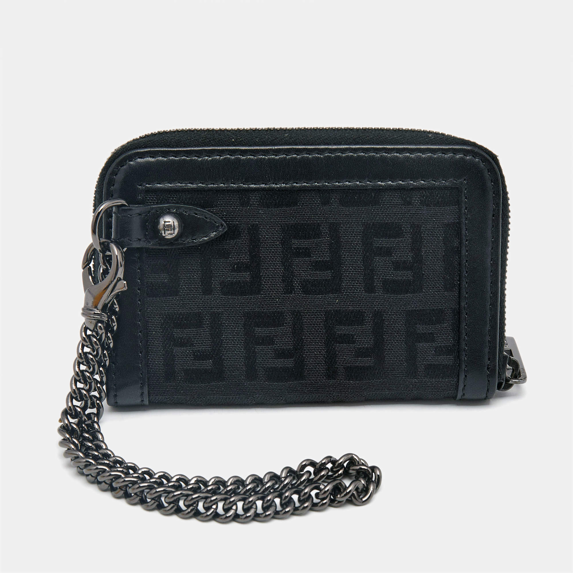 Fendi Black Zucchino Fabric and Leather Zip Coin Purse