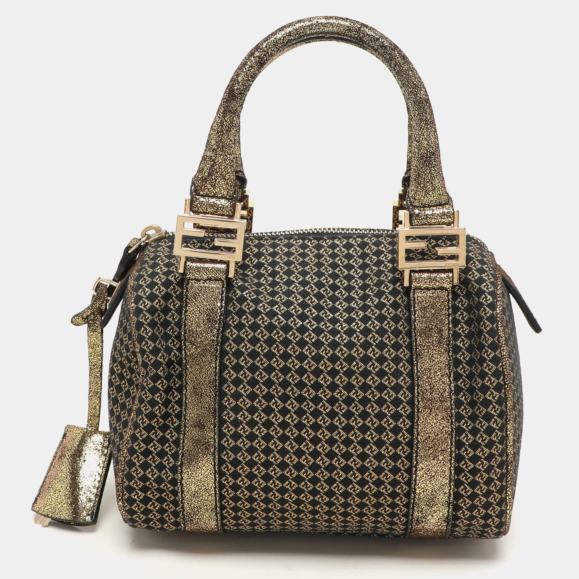 Fendi Black/Gold Zucchino Jacquard and Leather Boston Bag