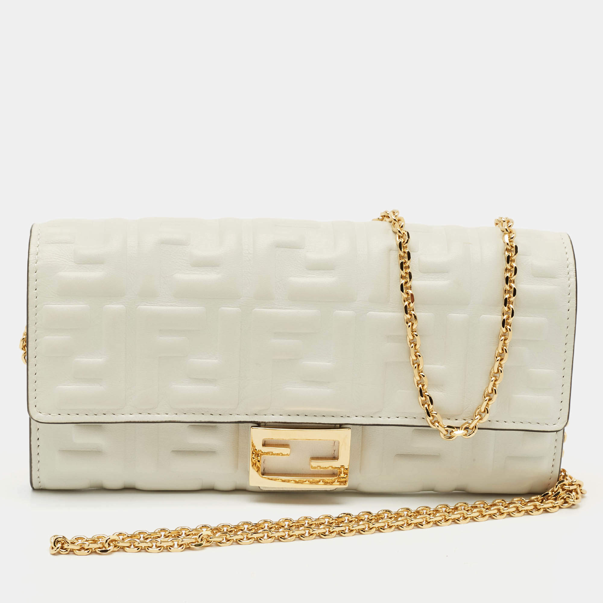 Pre Owned Fendi White Zucca Embossed Leather Baguette Wallet On Chain
